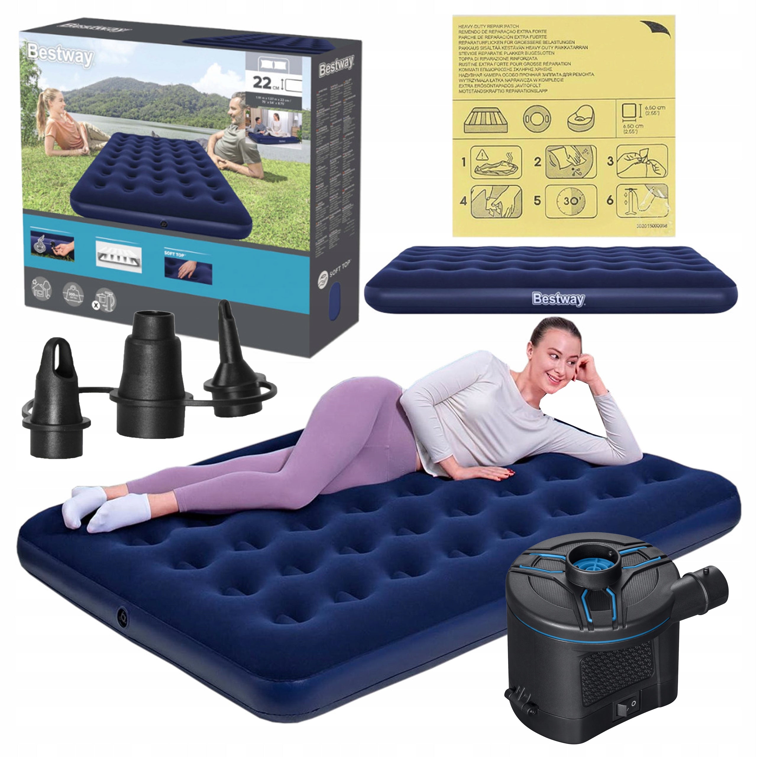 DOUBLE INFLATABLE MATTRESS 191x137x22 ELECTRIC BATTERY PUMP SET