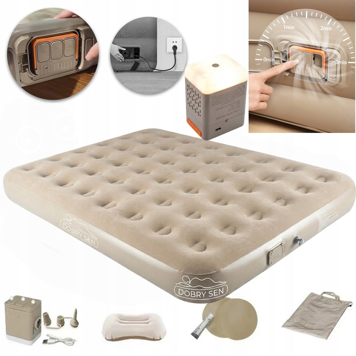 DOUBLE INFLATABLE MATTRESS WITH BATTERY PUMP + LAMP IN USB-c PUMP Packaging status original