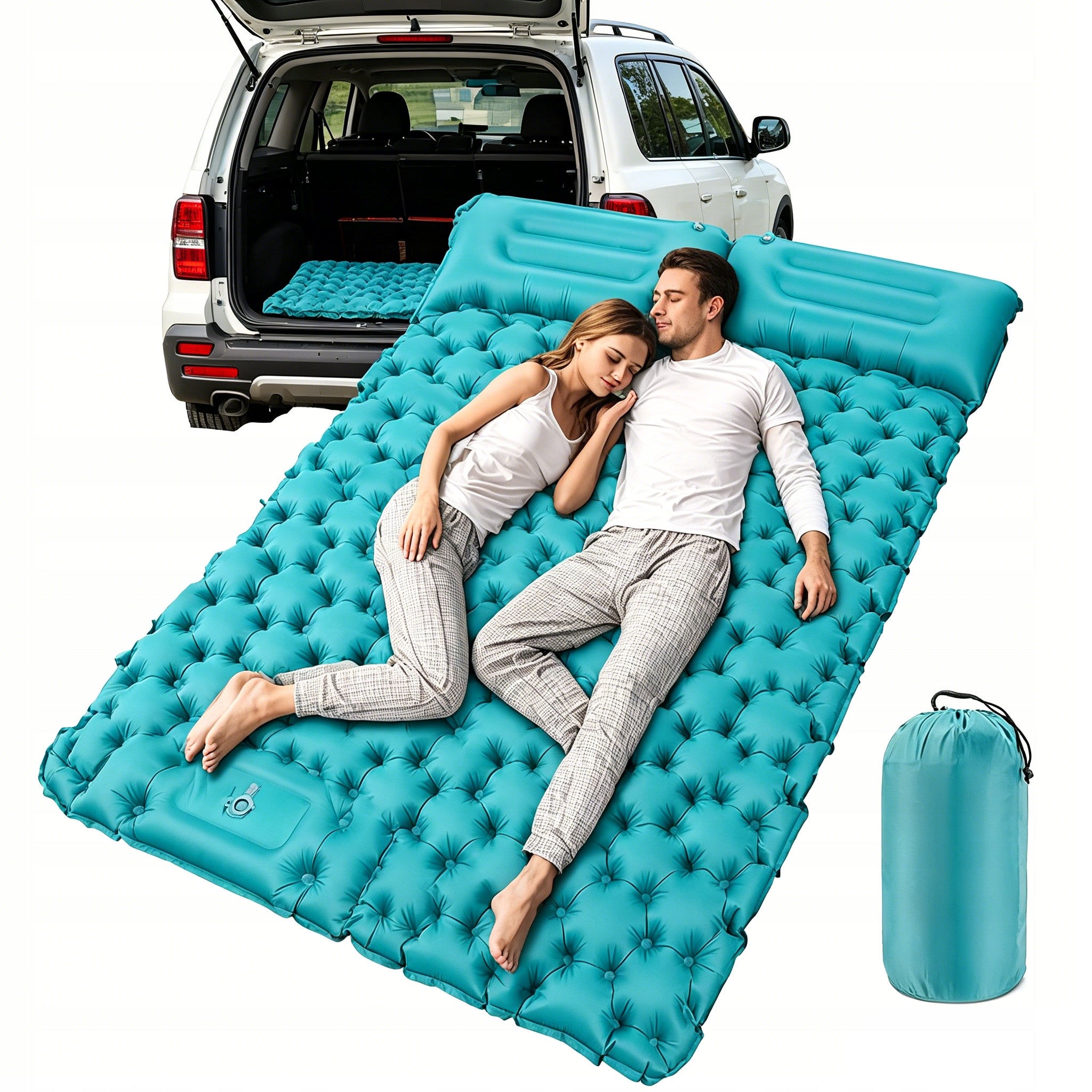 DOUBLE INFLATABLE SLEEPING MAT WITH BUILT-IN FOOT PUMP PORTABLE