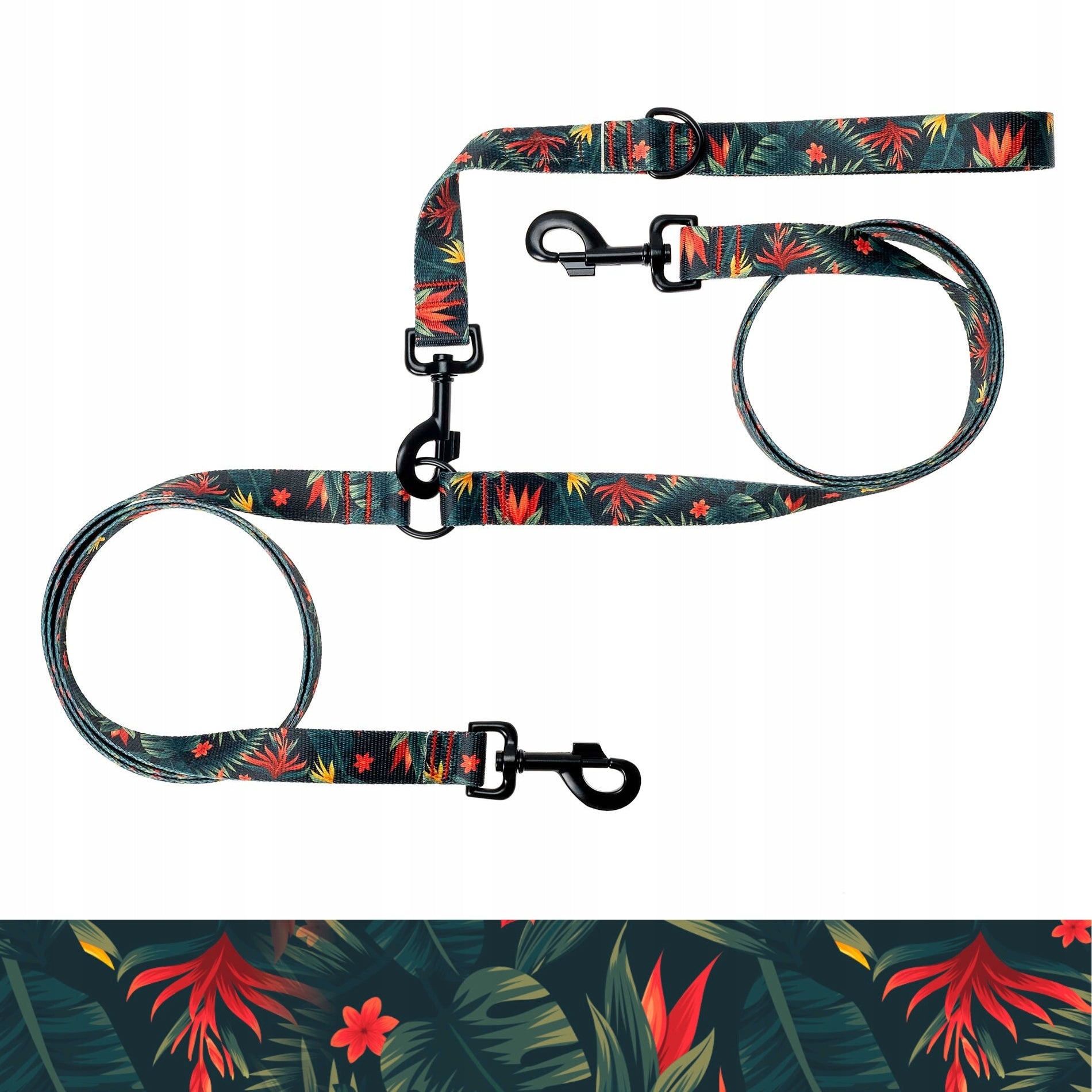 DOUBLE LEASH medium dogs BINARY 1,78 m tape 2 cm Ukory PRINT green