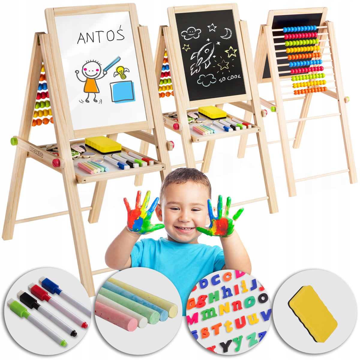 DOUBLE SIDED BOARD WITH ABACUS FOR KIDS MAGNETIC CHALK + ACCESSORIES Brand RicoKids