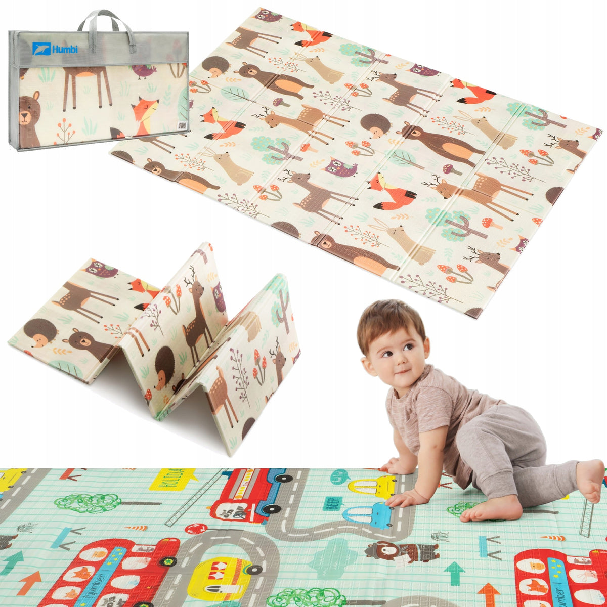 DOUBLE-SIDED FOLDING FOAM MAT HUMBI ANIMALS VEHICLES 120X180 BAG