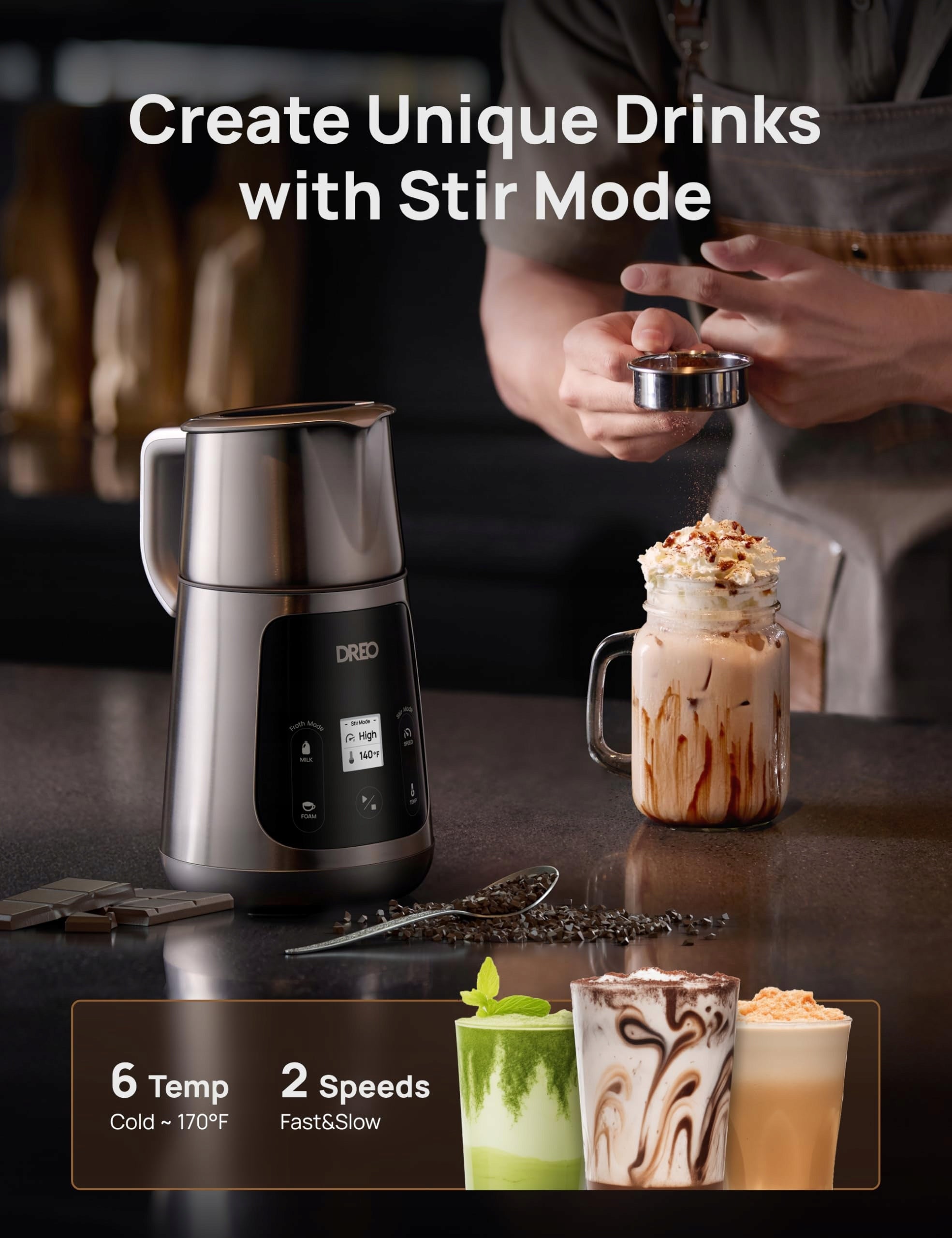 DREO All-in-1 Milk Frother, Electric Milk & Hot Chocolate Maker, Quiet Operation Dominant color silver