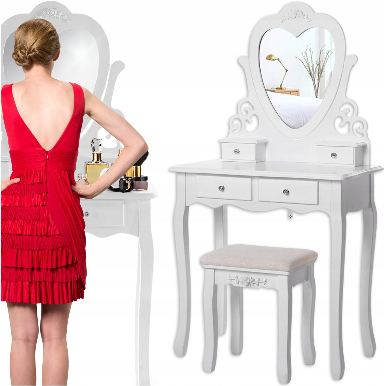 DRESSING TABLE COSMETIC HEART WITH MIRROR WHITE+STOOL