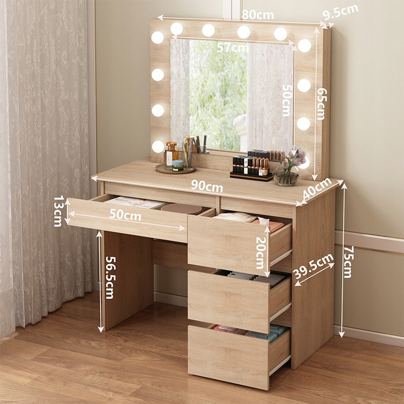 DRESSING TABLE COSMETIC LED LIGHTING SONOMA OAK 4 DRAWERS BEDROOM BROWN Furniture width 90 cm