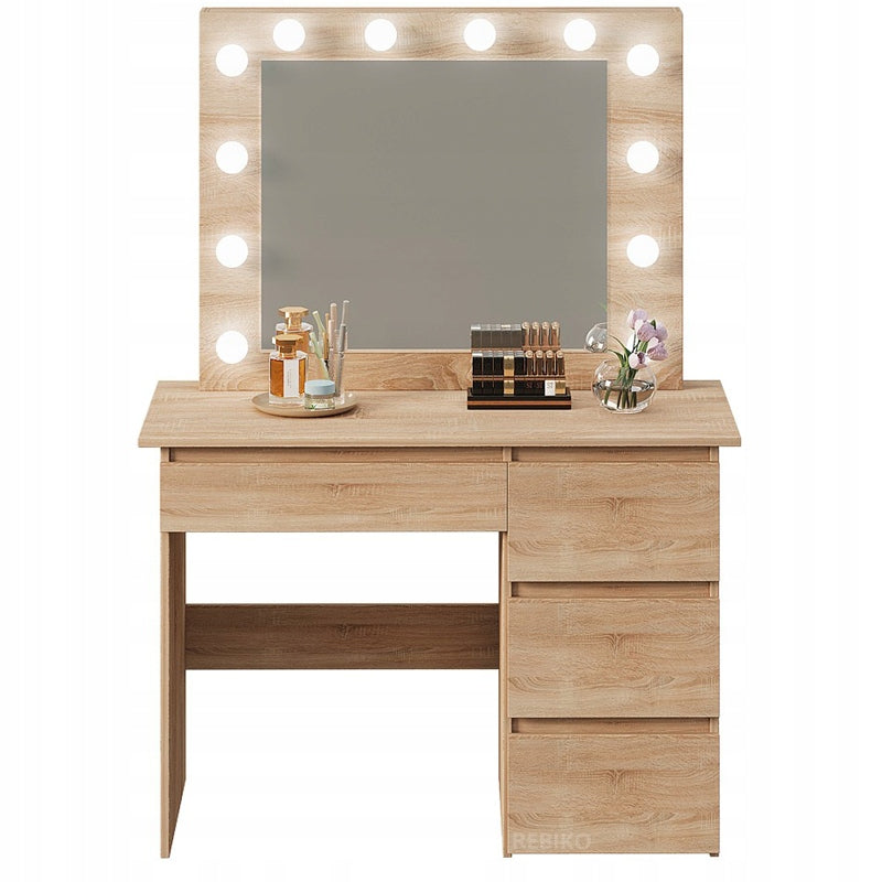 DRESSING TABLE COSMETIC LED LIGHTING SONOMA OAK 4 DRAWERS BEDROOM BROWN