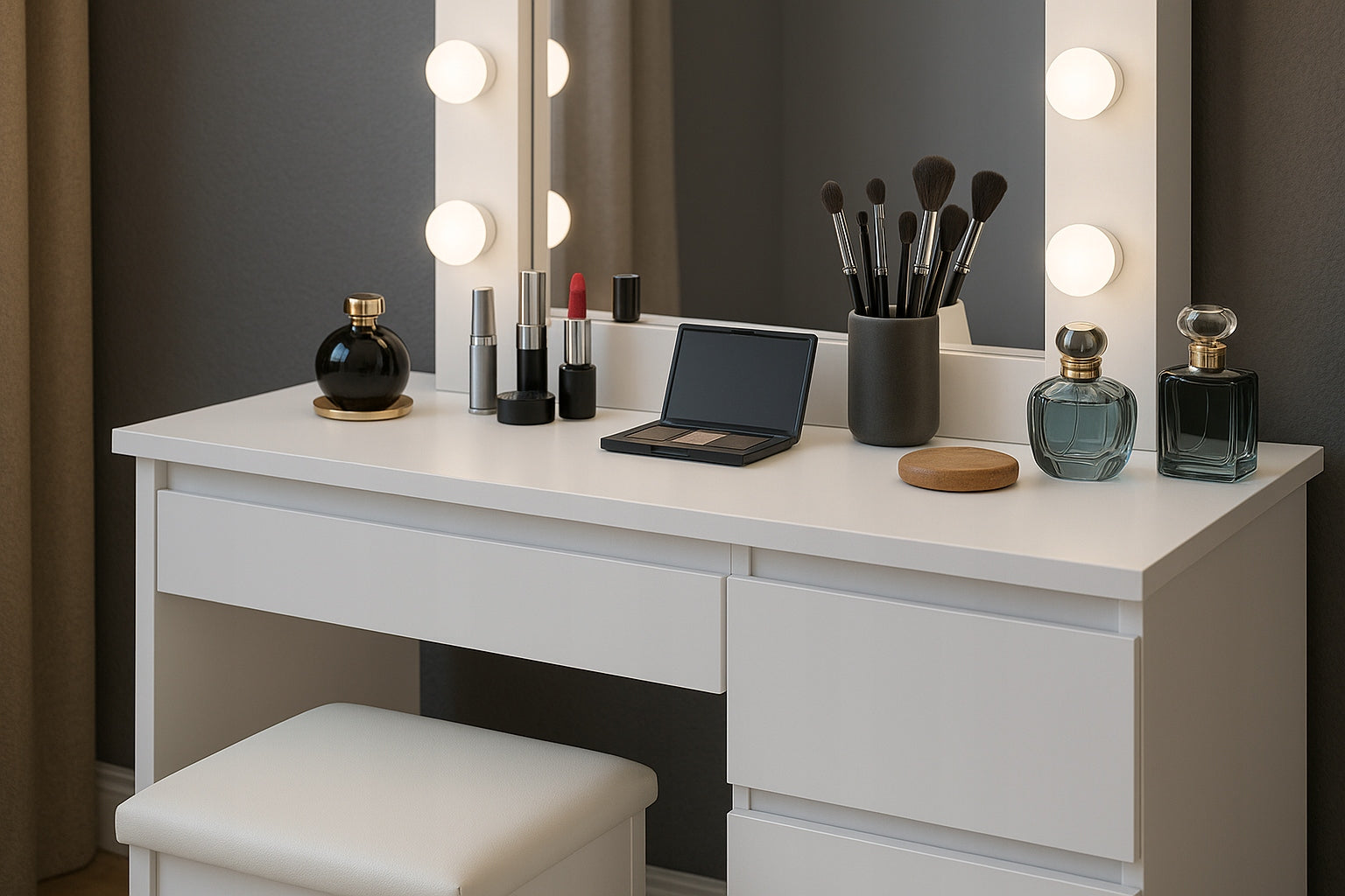 DRESSING TABLE COSMETIC MIRROR MAKE-UP LIGHTING HOLYWOOD+ CHAIR +12xLED 108 Furniture height 140 cm