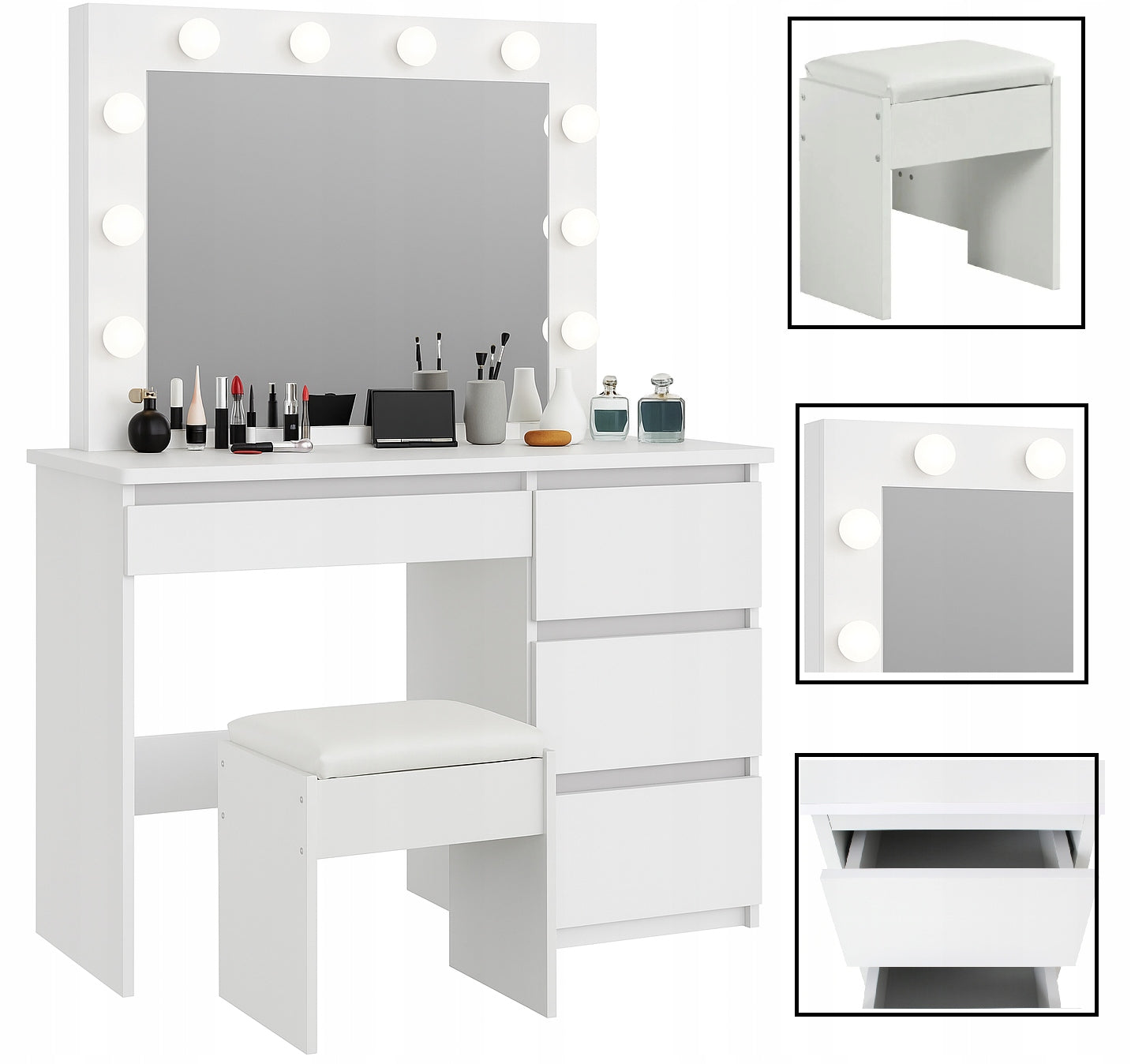 DRESSING TABLE COSMETIC MIRROR MAKE-UP LIGHTING HOLYWOOD+ CHAIR +12xLED 108 Manufacturer code Toaletka kosmetyczna 108 z krzesłem +12LED