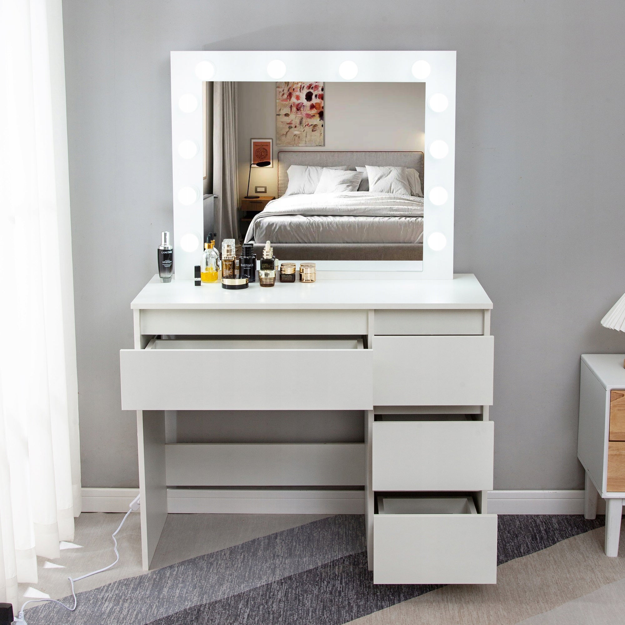 DRESSING TABLE COSMETIC WITH LED MIRROR ELDEN TK007 12 X WHITE HOLLYWOOD BULBS Furniture depth 43 cm