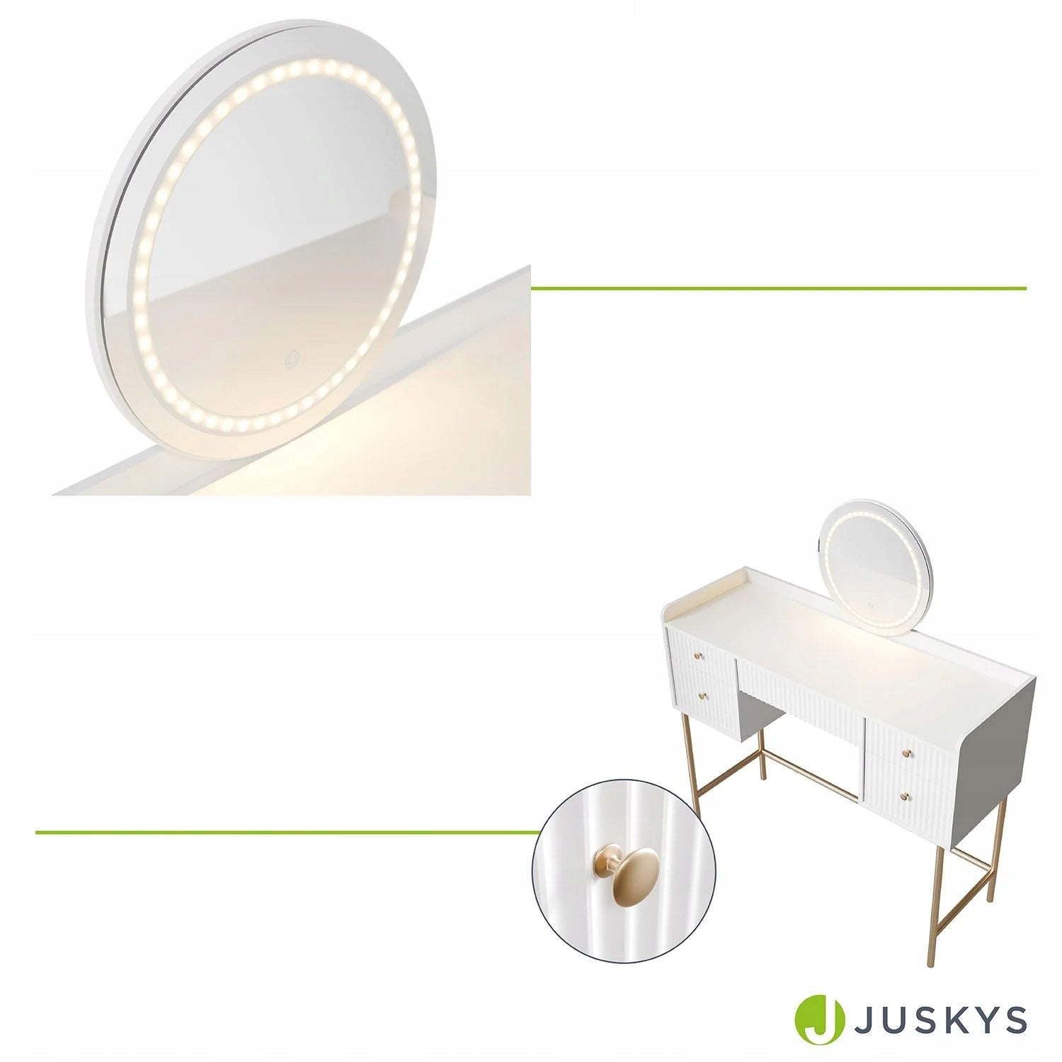 DRESSING TABLE COSMETIC WITH LED MIRROR FOR MAKEUP WHITE + GOLD Furniture height 137 cm