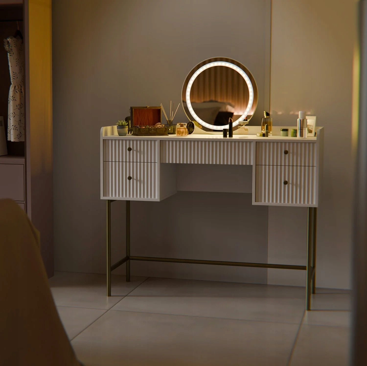 DRESSING TABLE COSMETIC WITH LED MIRROR FOR MAKEUP WHITE + GOLD Manufacturer code 4262437185422