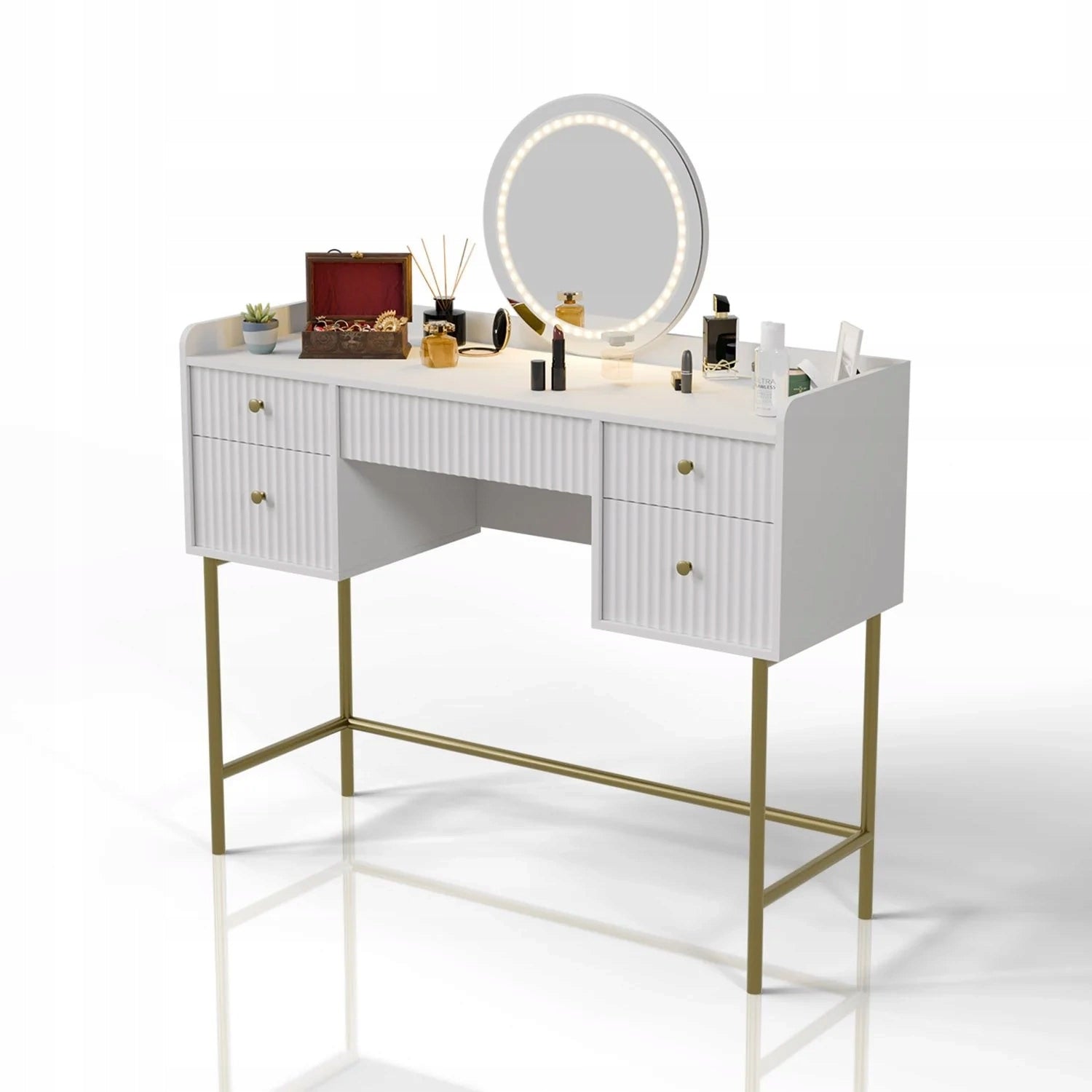 DRESSING TABLE COSMETIC WITH LED MIRROR FOR MAKEUP WHITE + GOLD