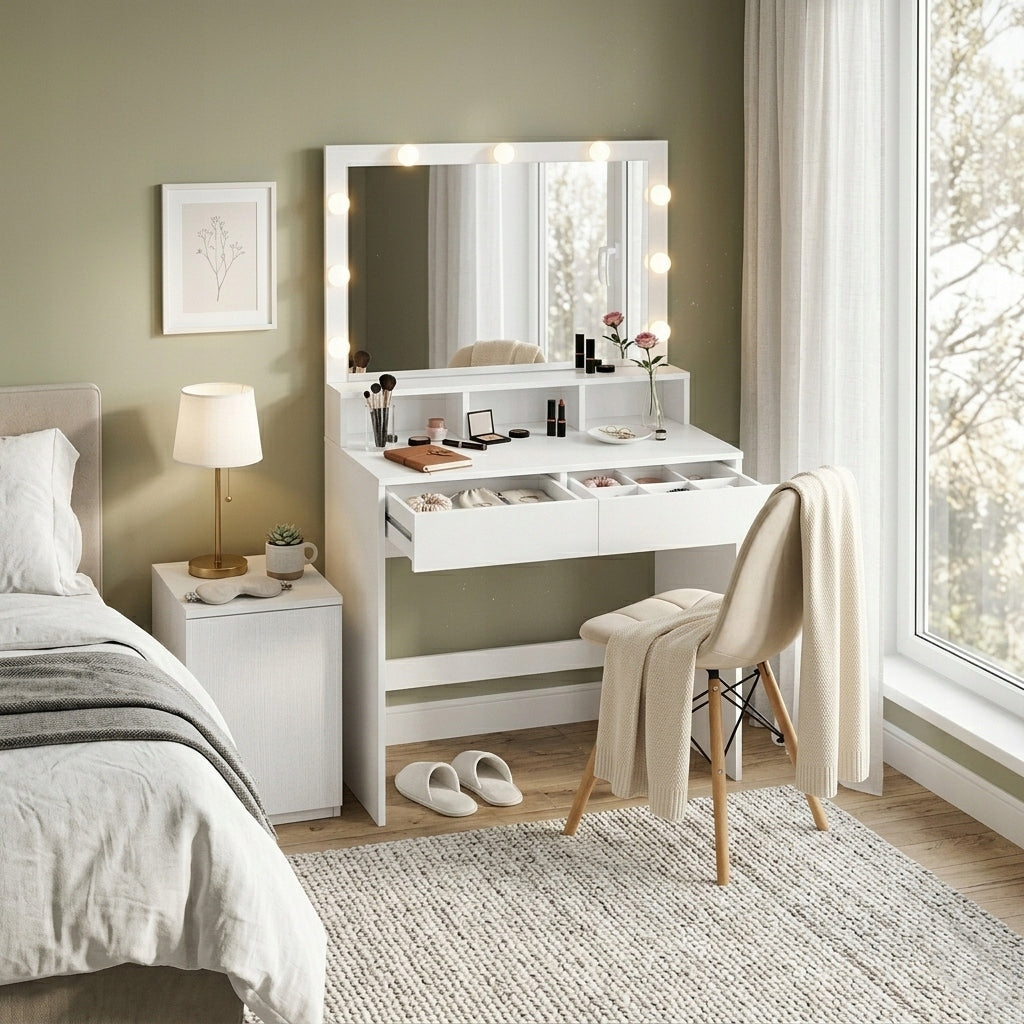 DRESSING TABLE COSMETIC WITH MIRROR 9 LED MAKEUP + VELOUR CHAIR SET Manufacturer code Toaletka Biurko z lustrem i oświetleniem led