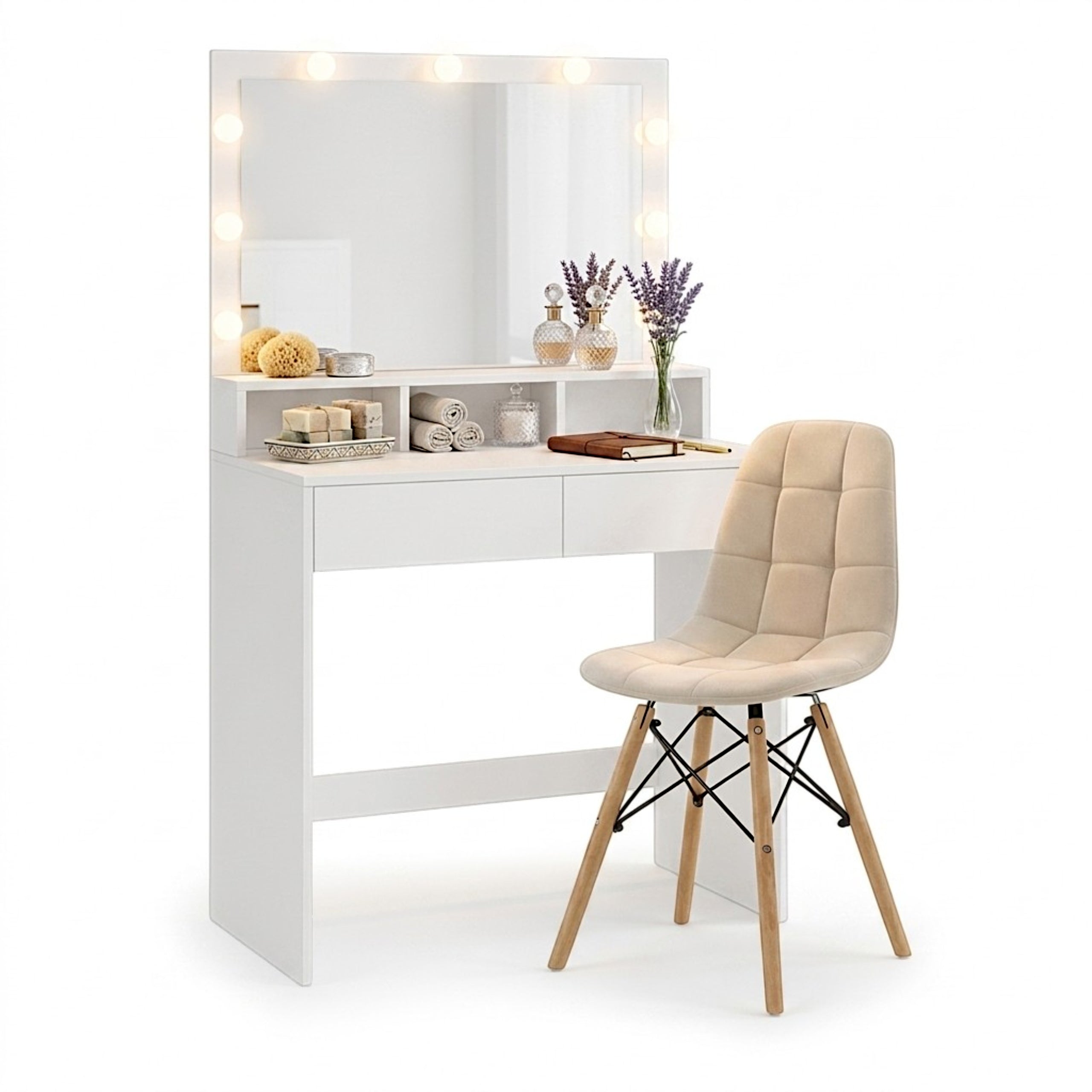 DRESSING TABLE COSMETIC WITH MIRROR 9 LED MAKEUP + VELOUR CHAIR SET