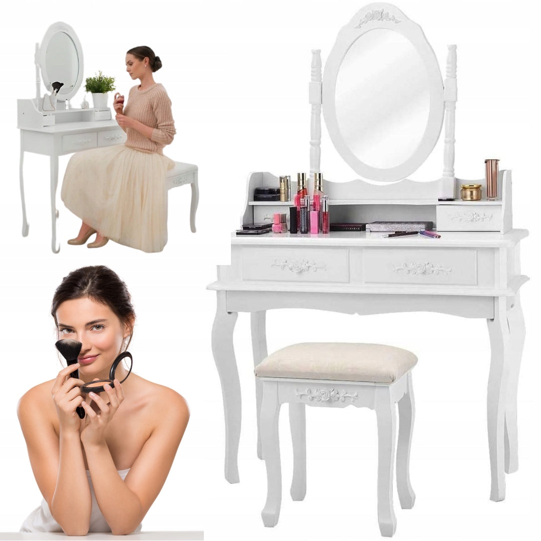 DRESSING TABLE COSMETIC WITH MIRROR WHITE + STOOL + ORGANIZER.QUALITY!!! Brand AliWoods