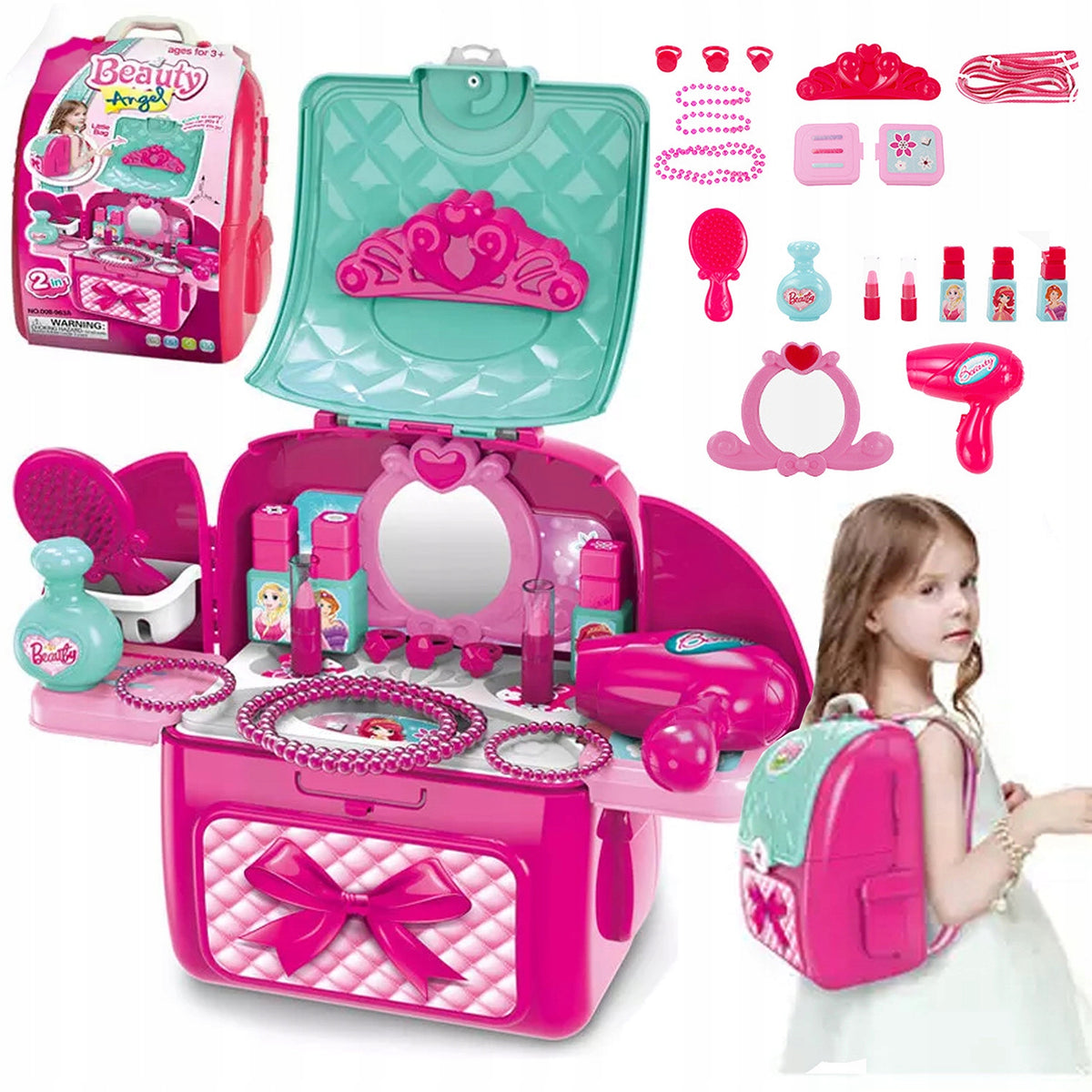DRESSING TABLE FOR GIRLS MIRROR + ACCESSORIES BACKPACK COSMETICS