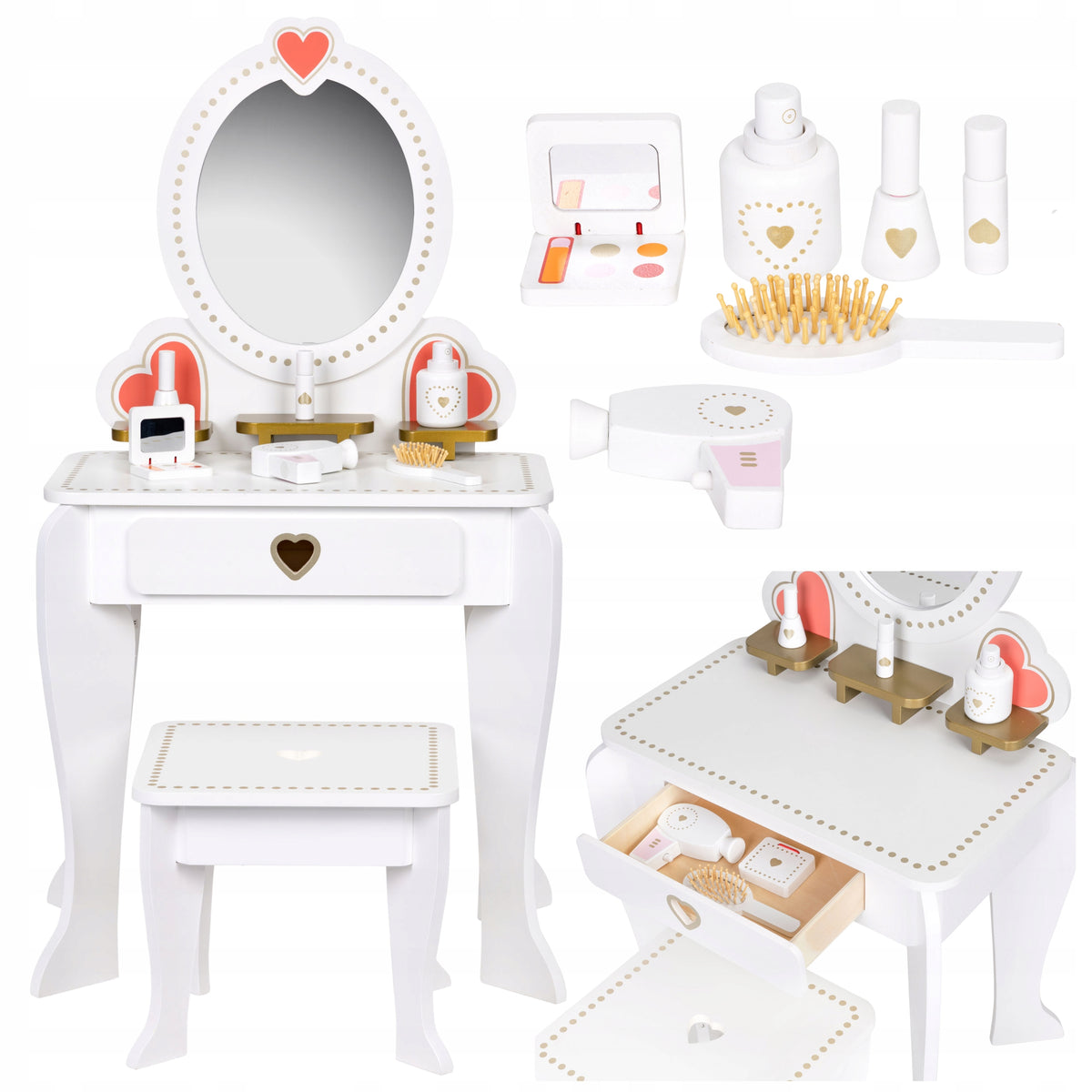 DRESSING TABLE FOR GIRLS WHITE WOODEN WITH MIRROR STOOL ACCESSORIES