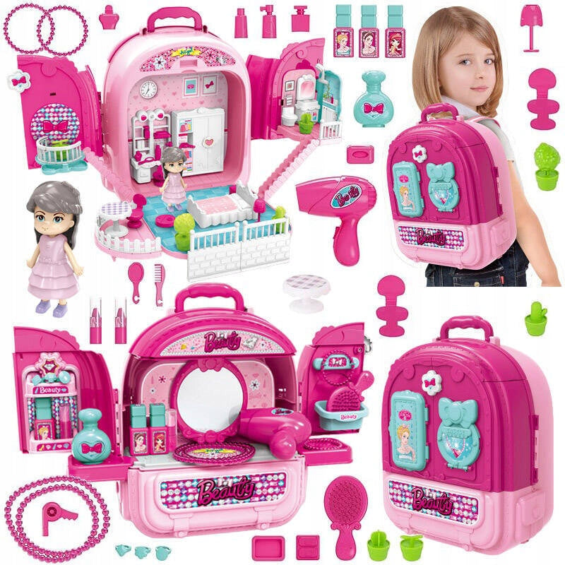 DRESSING TABLE IN SUITCASE HOUSE with doll BACKPACK BEAUTY SET for play 3in1