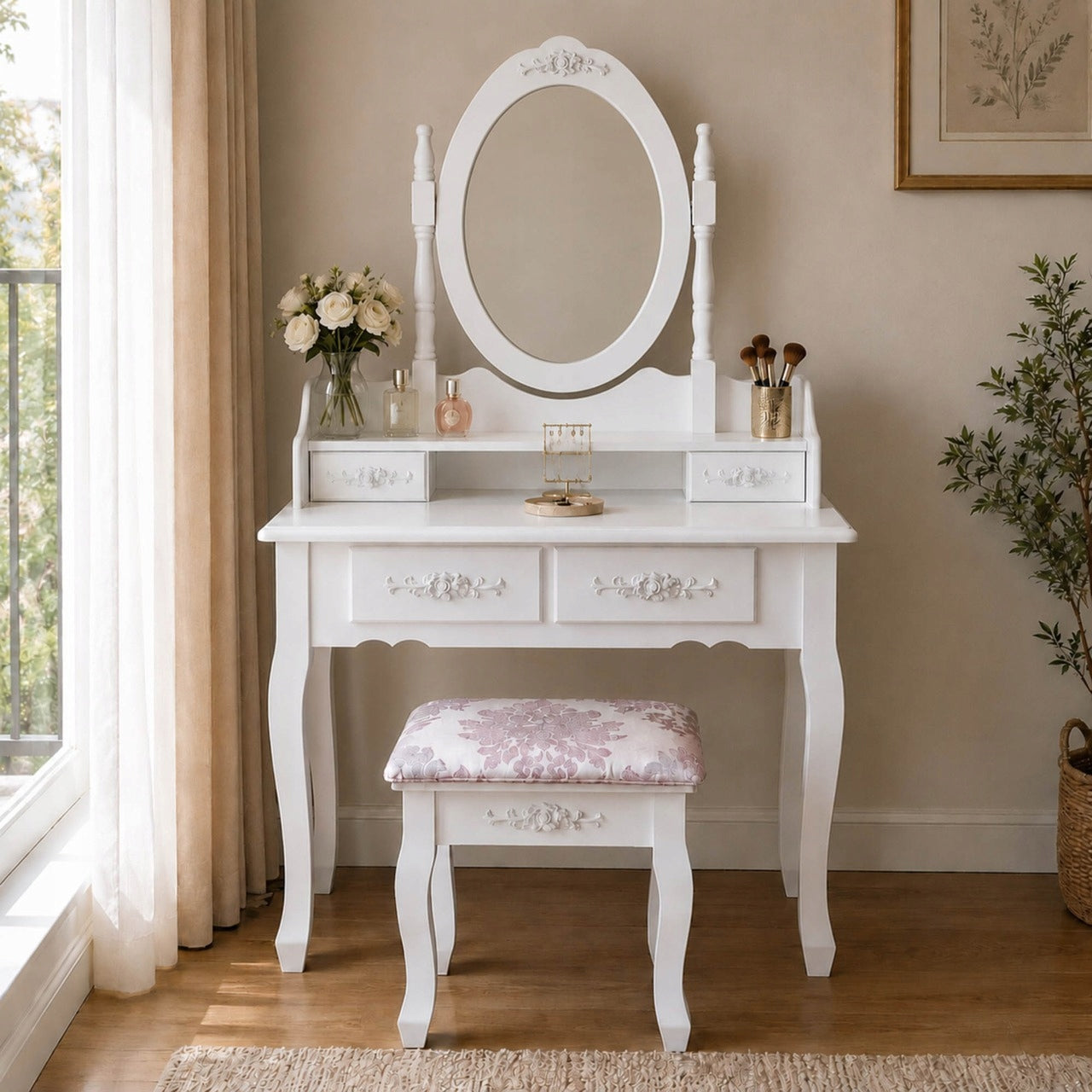 DRESSING TABLE MAKEUP BAG WITH MIRROR + STOOL WHITE 75x147cm Furniture depth 40 cm