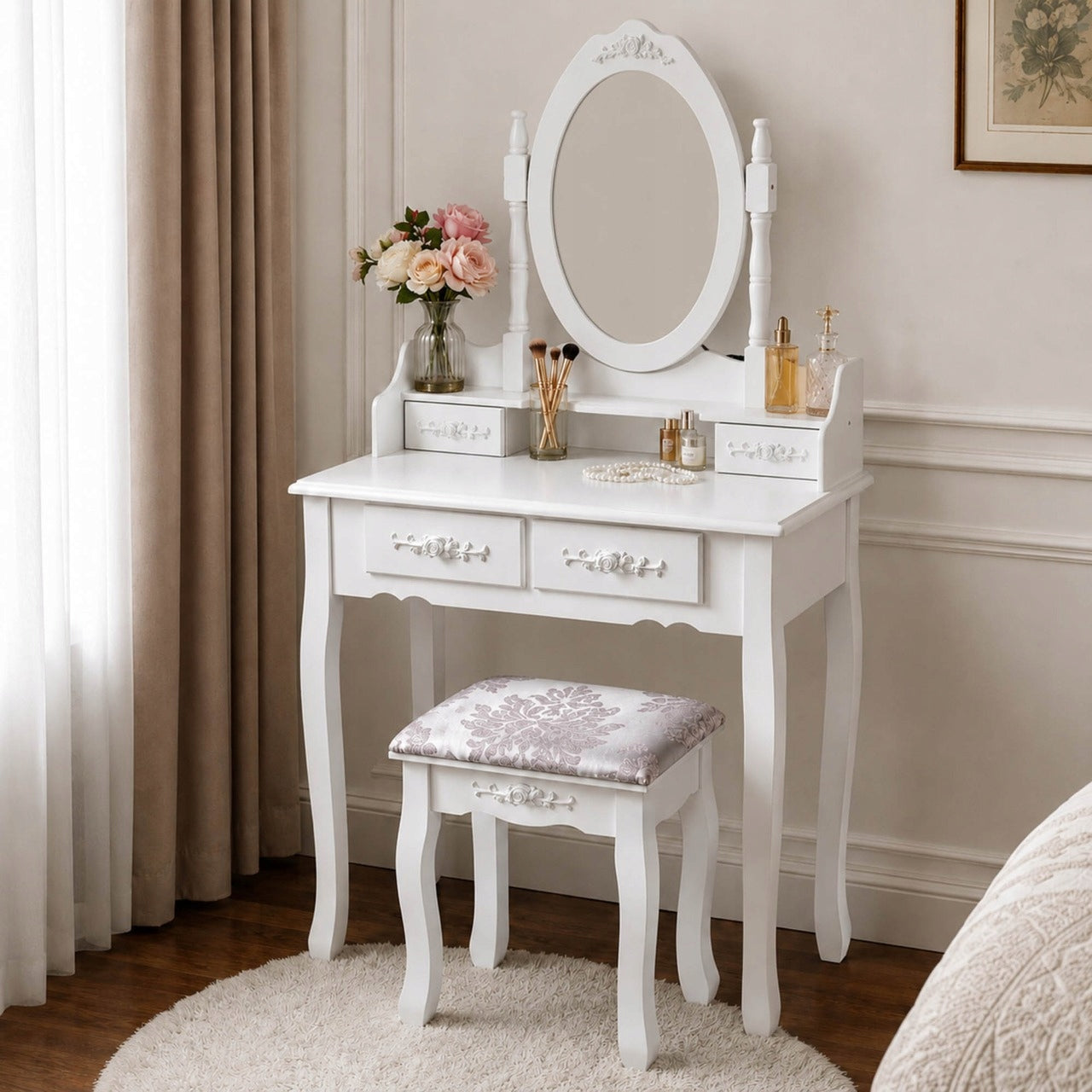 DRESSING TABLE MAKEUP BAG WITH MIRROR + STOOL WHITE 75x147cm Manufacturer code K2918