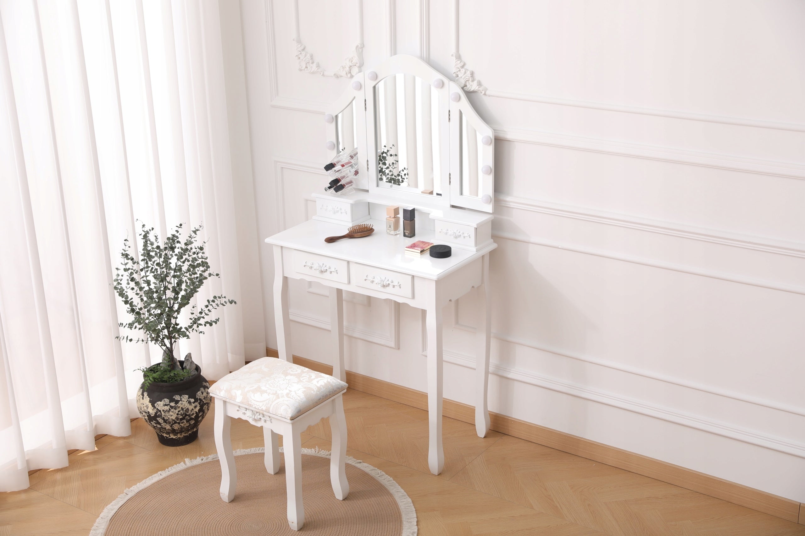 DRESSING TABLE MIRROR DT01 LED 3 COLORS LIGHT MIRROR DRAWER STOOL WHITE Manufacturer code DT01