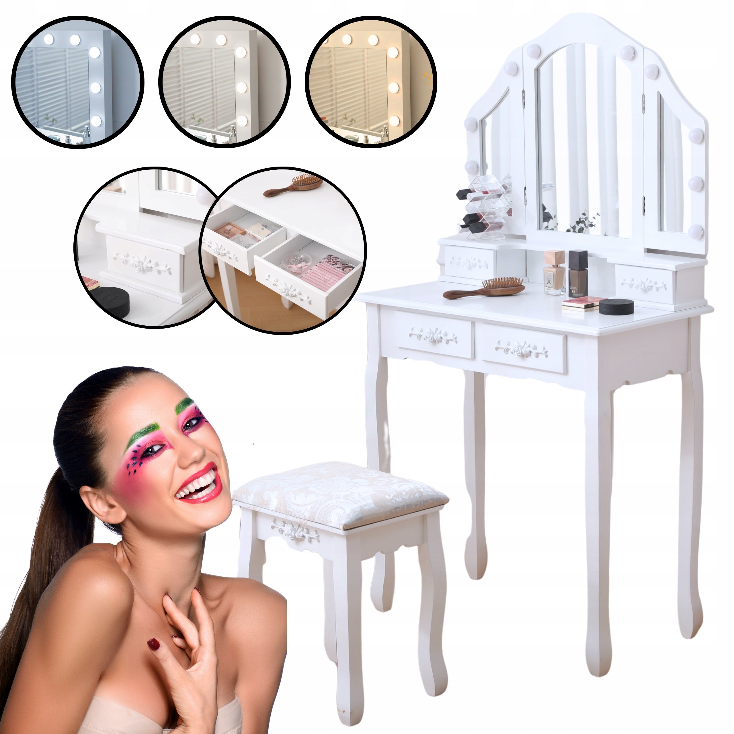 DRESSING TABLE MIRROR DT01 LED 3 COLORS LIGHT MIRROR DRAWER STOOL WHITE
