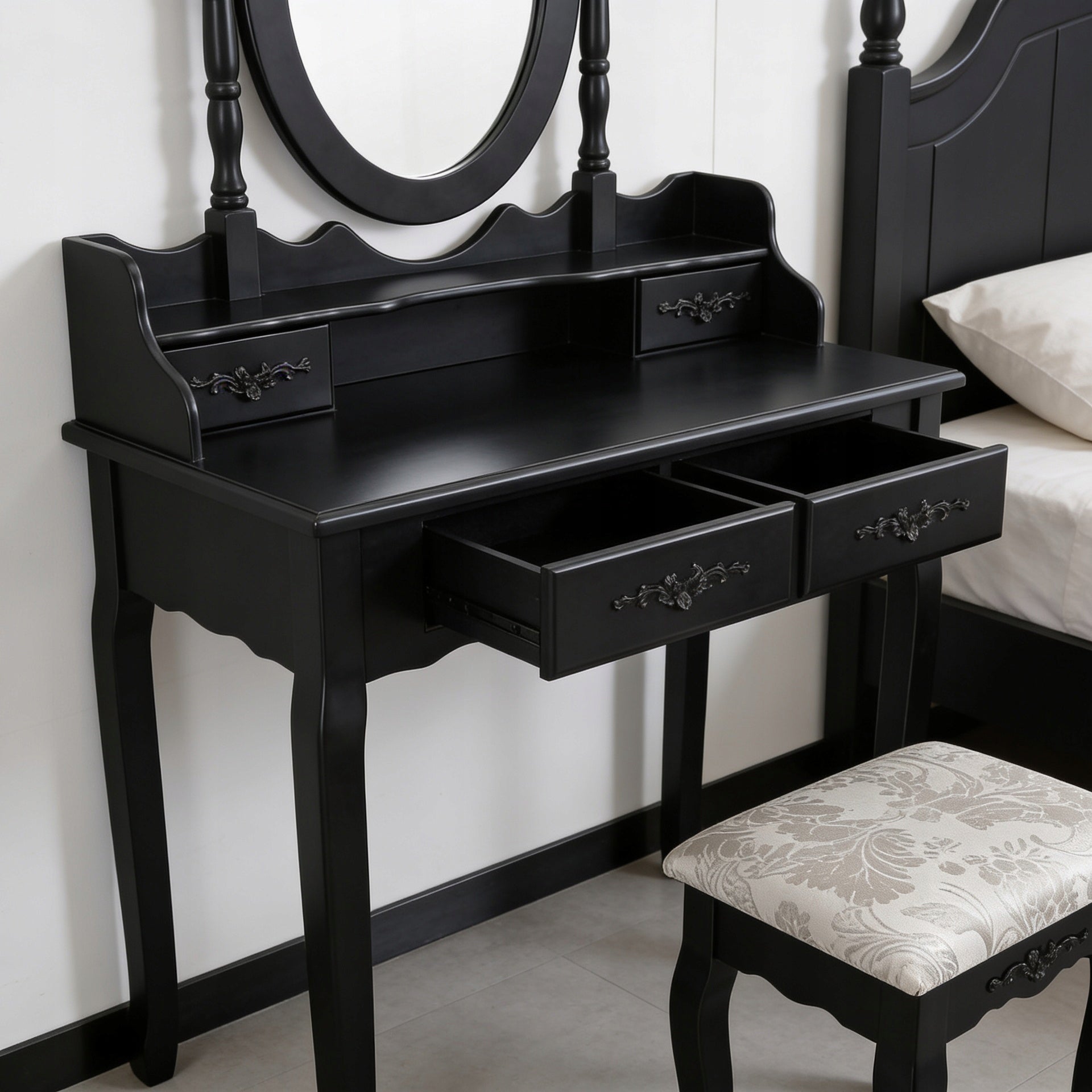 DRESSING TABLE MIRROR DT04 DRAWER MIRROR STOOL BLACK LACQUERED Furniture height 141 cm