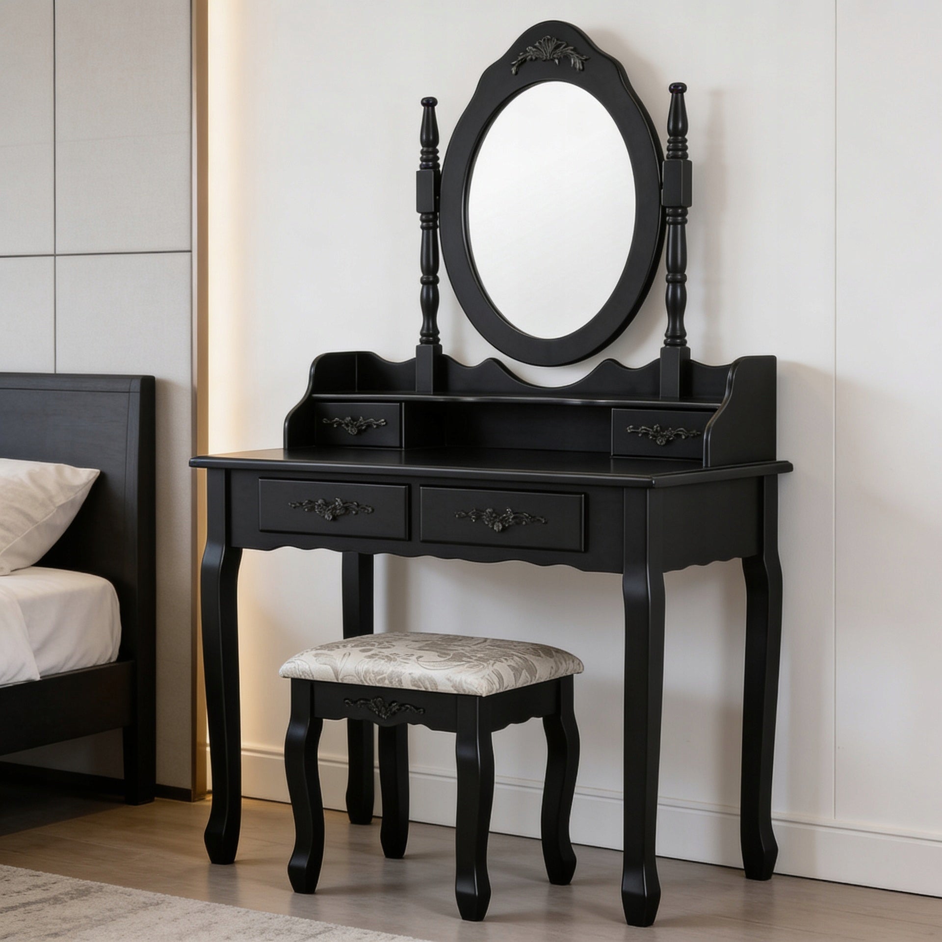 DRESSING TABLE MIRROR DT04 DRAWER MIRROR STOOL BLACK LACQUERED Furniture width 75 cm