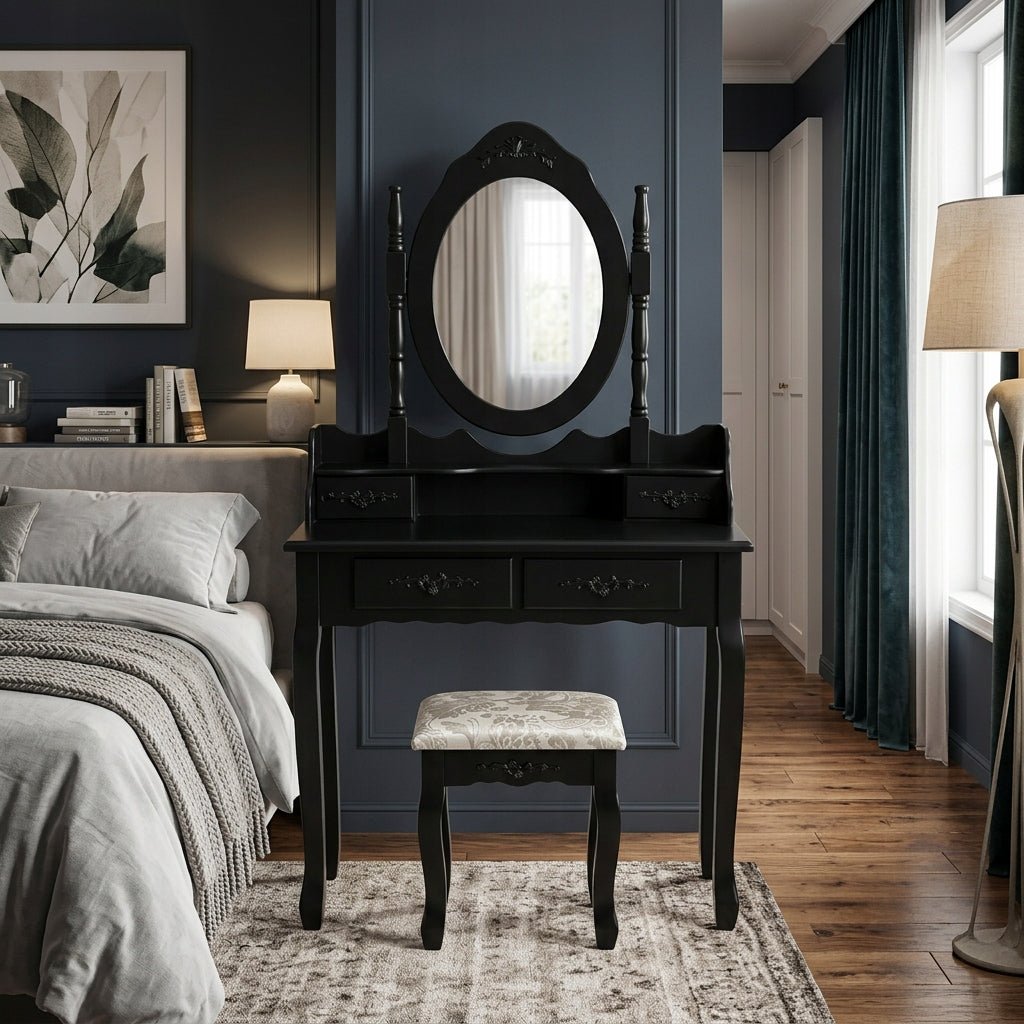 DRESSING TABLE MIRROR DT04 DRAWER MIRROR STOOL BLACK LACQUERED Packaging status original