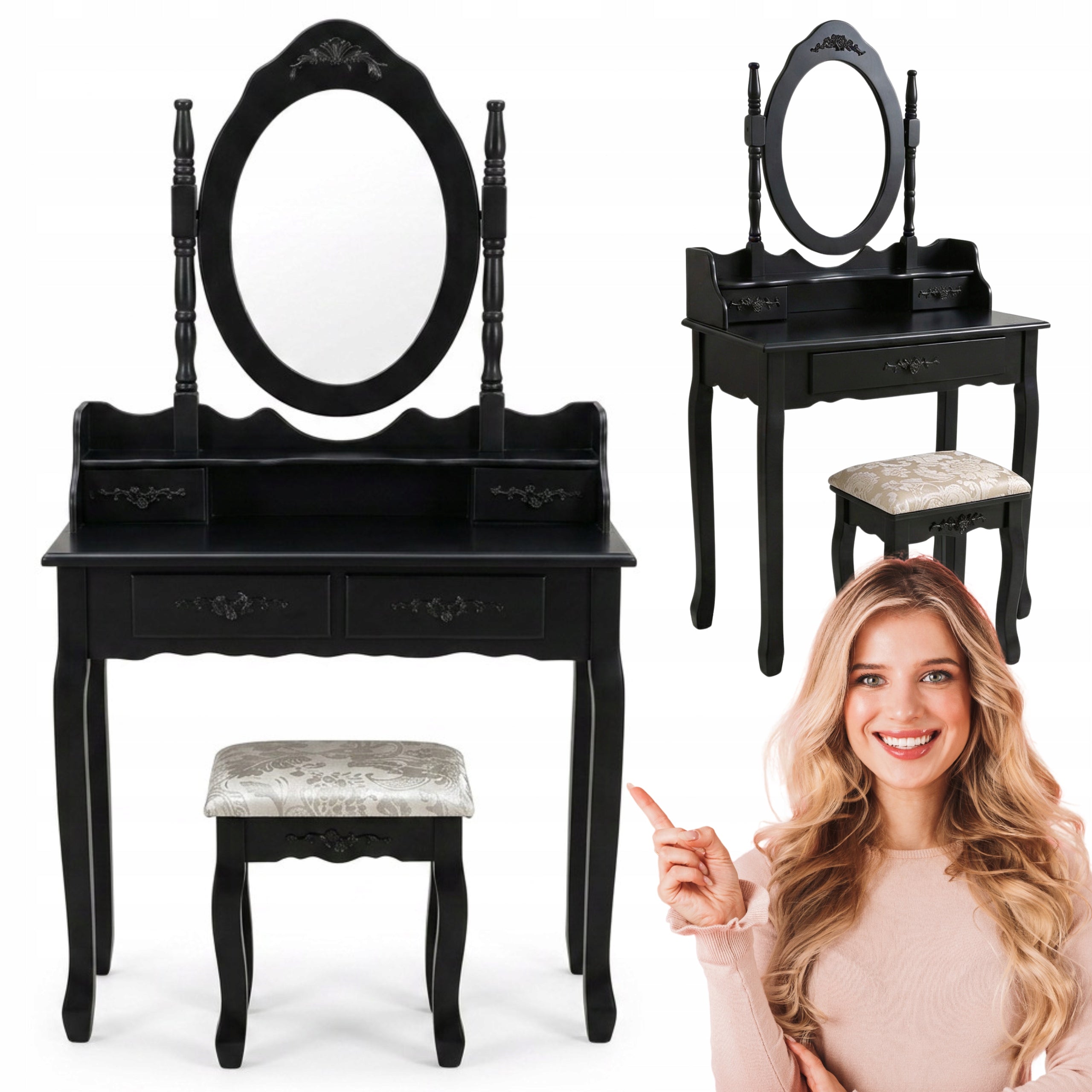DRESSING TABLE MIRROR DT04 DRAWER MIRROR STOOL BLACK LACQUERED