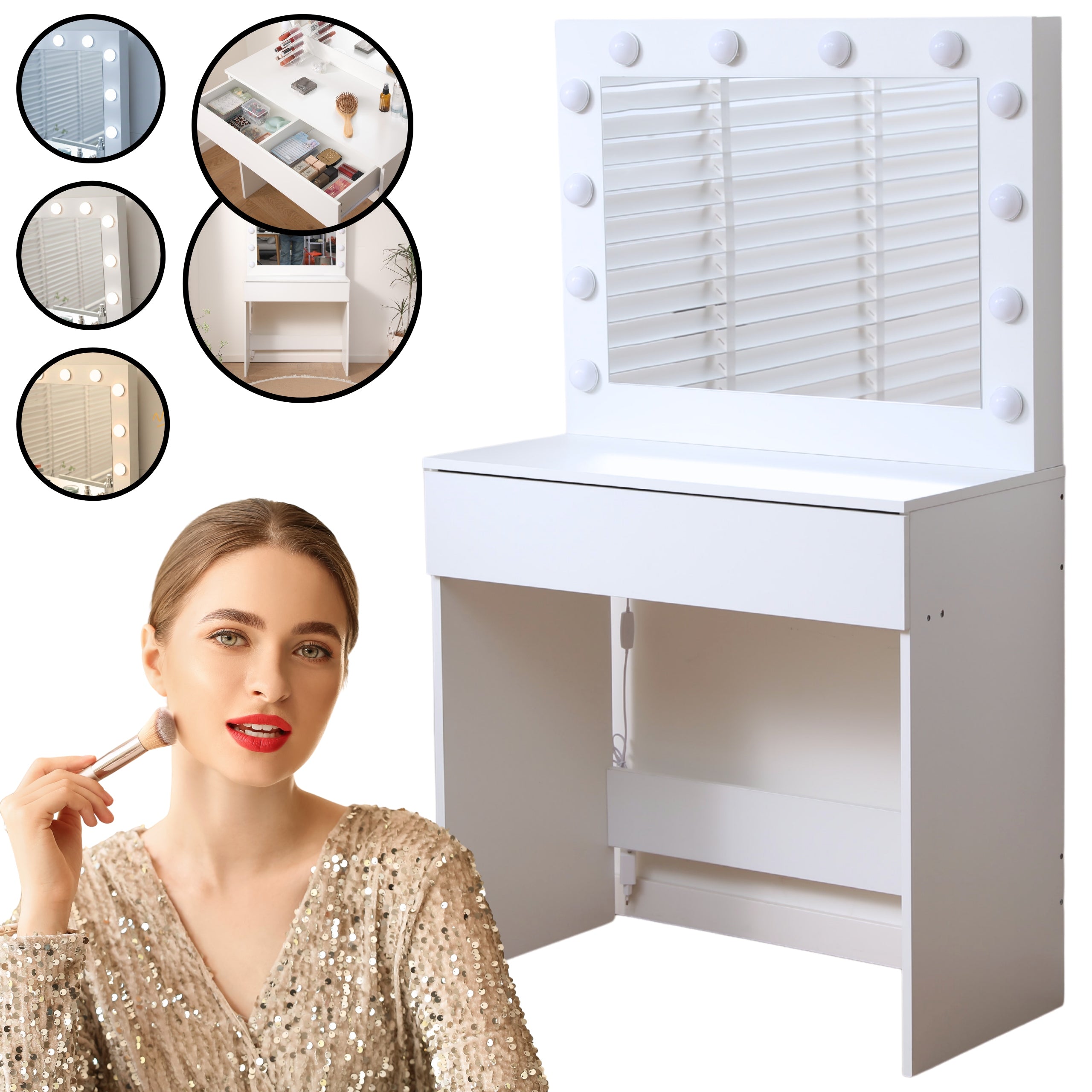 DRESSING TABLE MIRROR DT09 LED 3 COLORS LIGHT LARGE MIRROR DRAWER WHITE