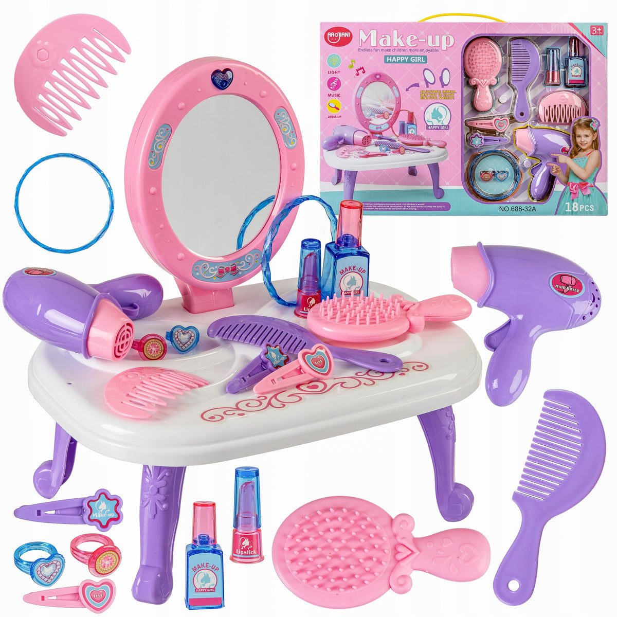 DRESSING TABLE SET FOR GIRLS FOLDING BRUSH DRYER MIRROR PINK
