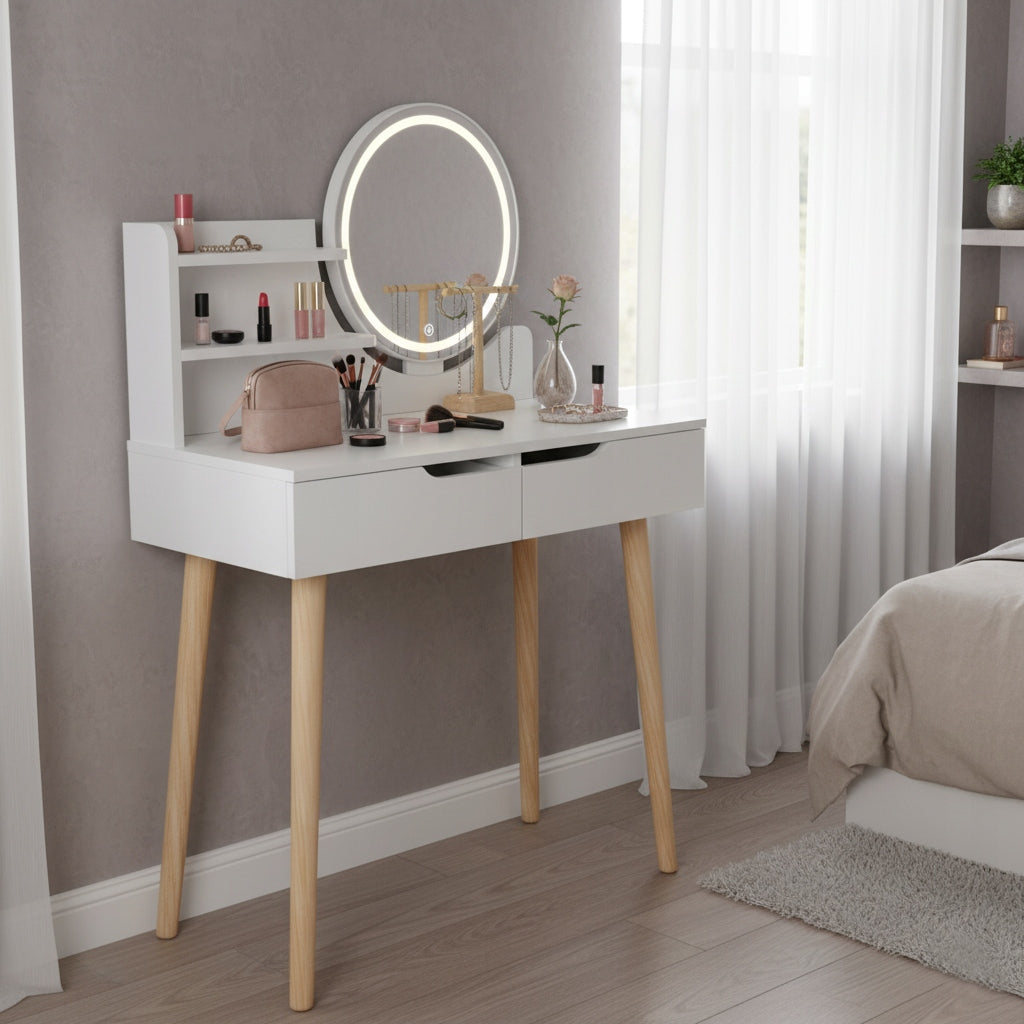 DRESSING TABLE WITH MIRROR COSMETIC LED LIGHTING FOR MAKEUP WHITE Furniture depth 40 cm