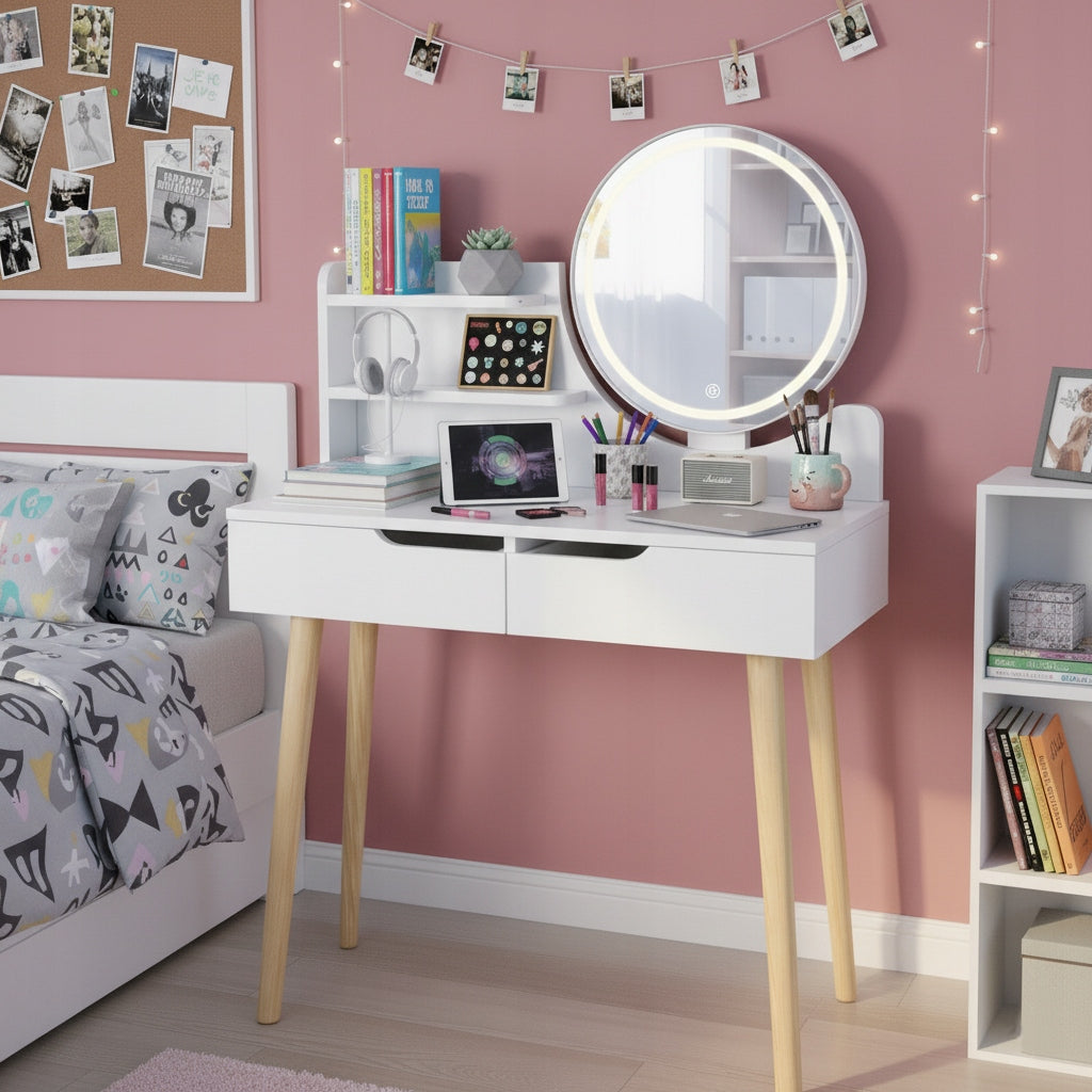 DRESSING TABLE WITH MIRROR COSMETIC LED LIGHTING FOR MAKEUP WHITE Furniture height 122 cm