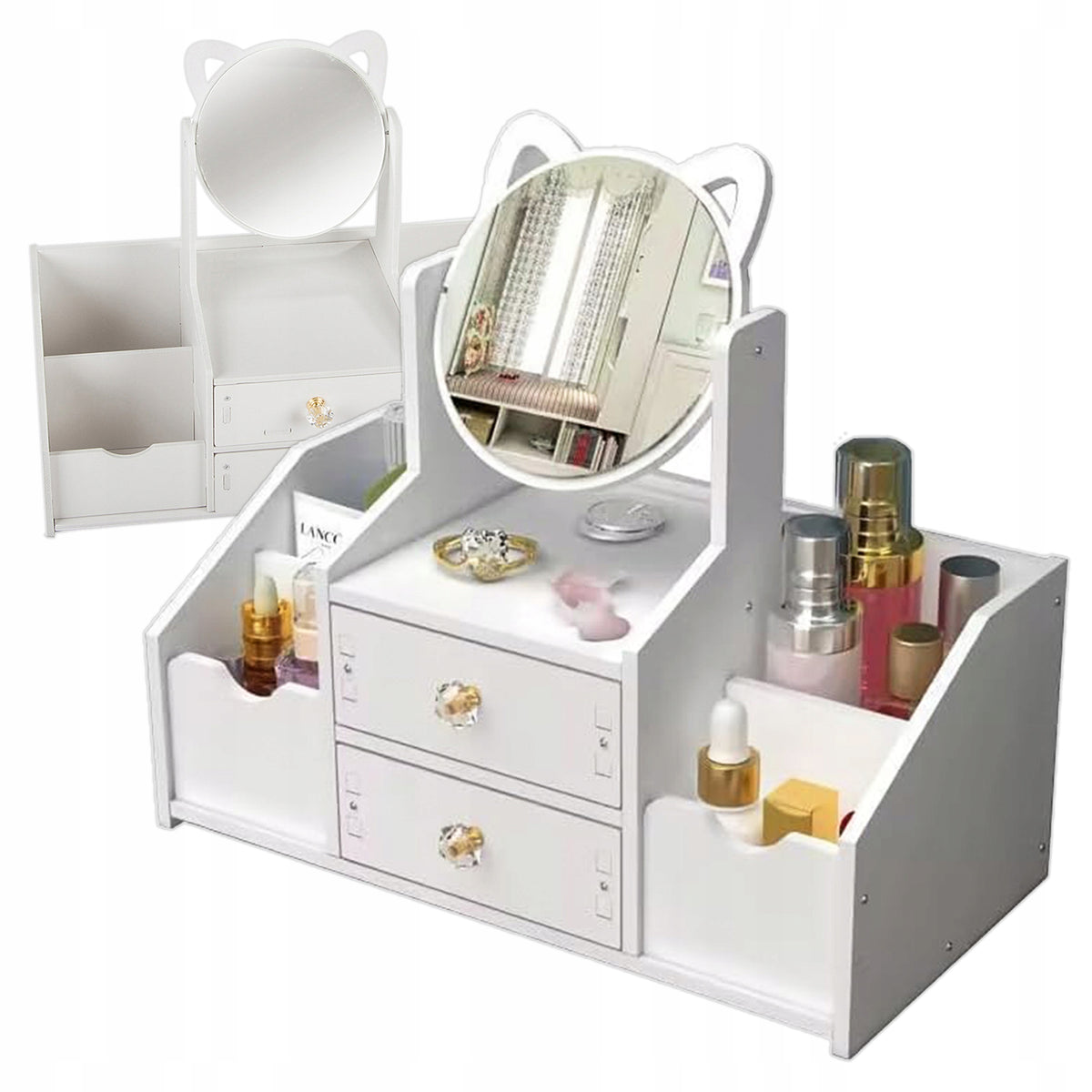 DRESSING TABLE WOODEN DESK MIRROR WITH EARS COSMETIC ORGANIZER 3+