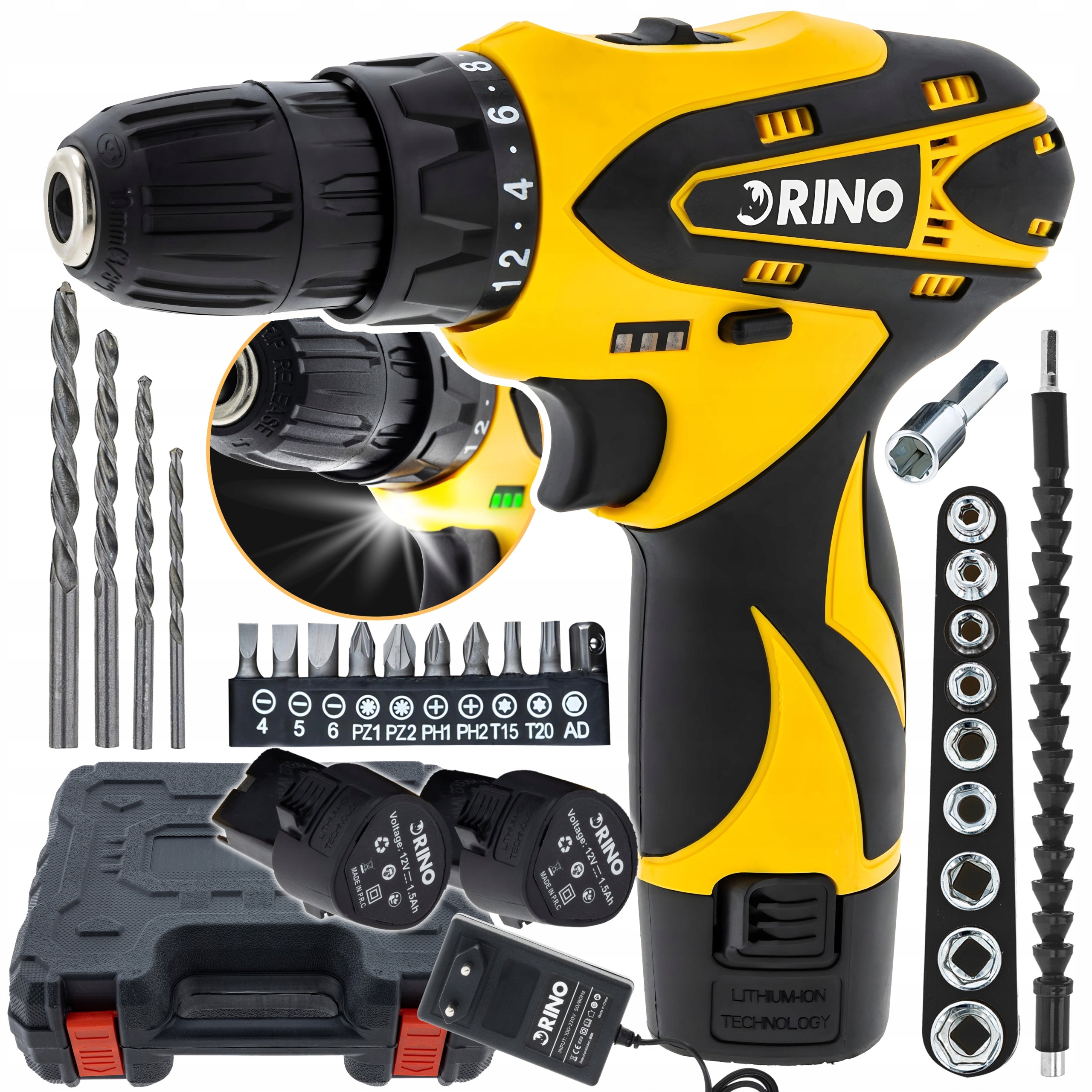 DRILL CORDLESS SCREWDRIVER 12V RINO SET OF ACCESSORIES 2X BATTERY
