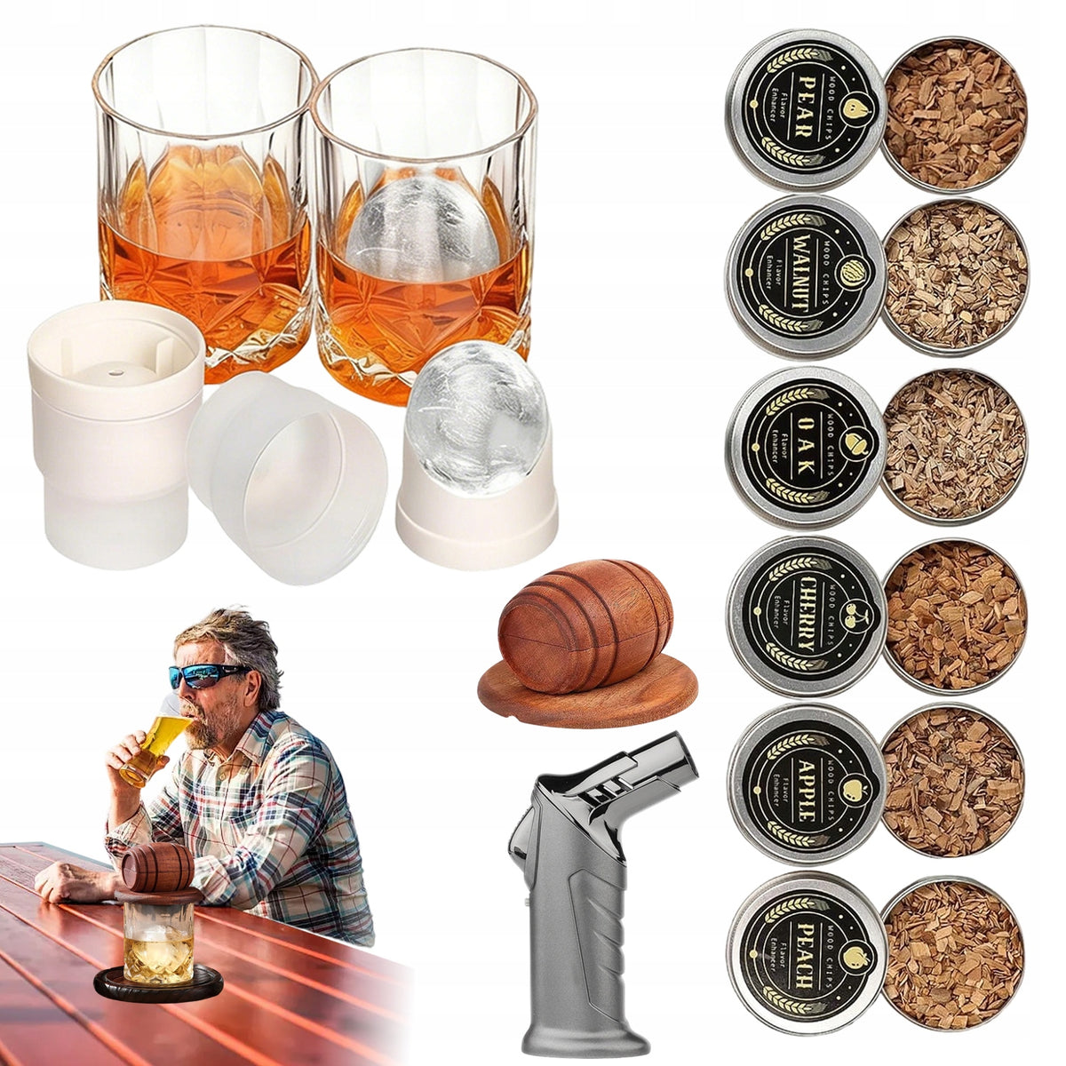 DRINK SMOKING SET COMPLETE WITH GLASS BURNER AND ICE MOLDS