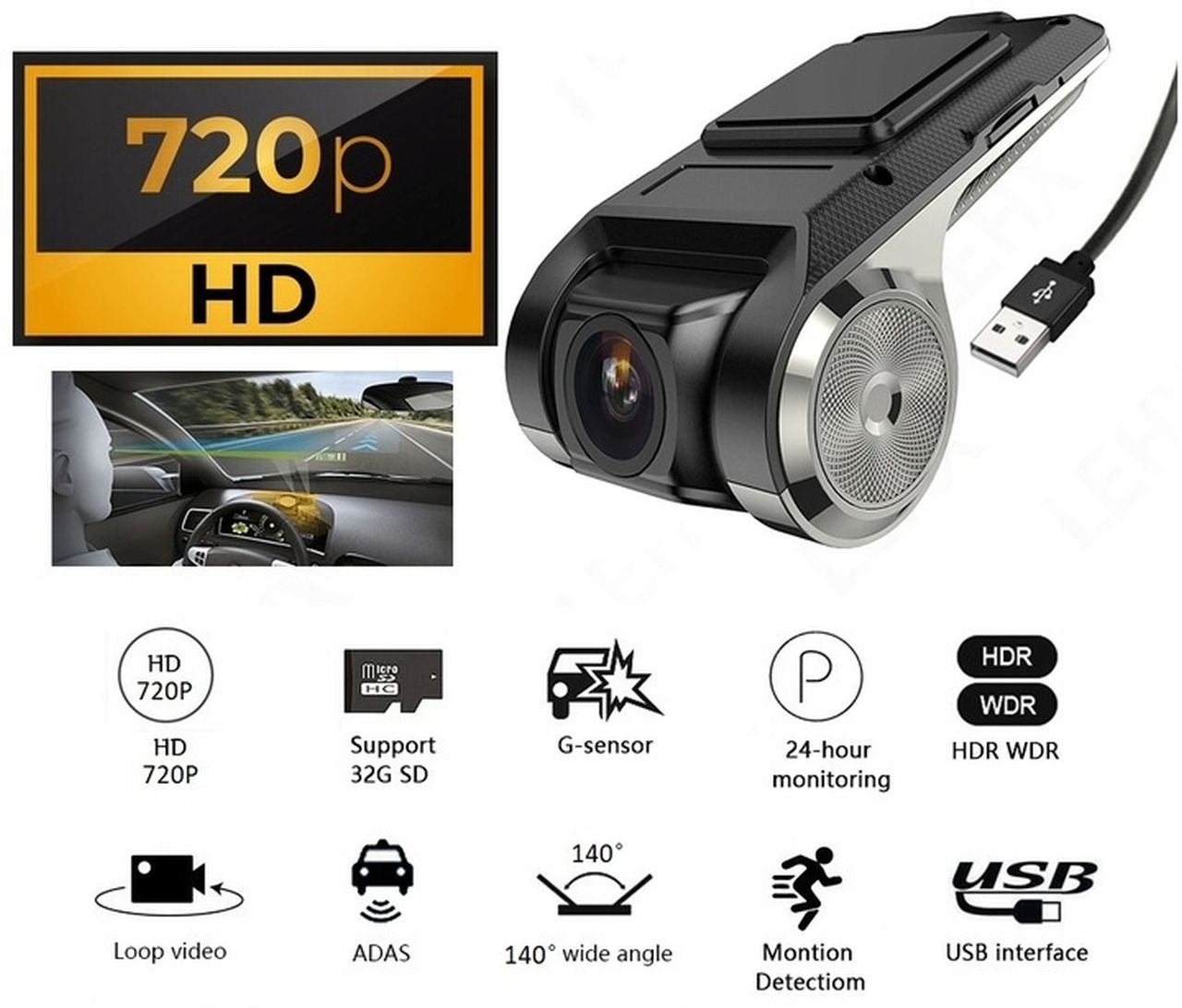 DRIVING RECORDER FOR USB RADIO ADAS ANDROID 1280x720p HD Memory card included none