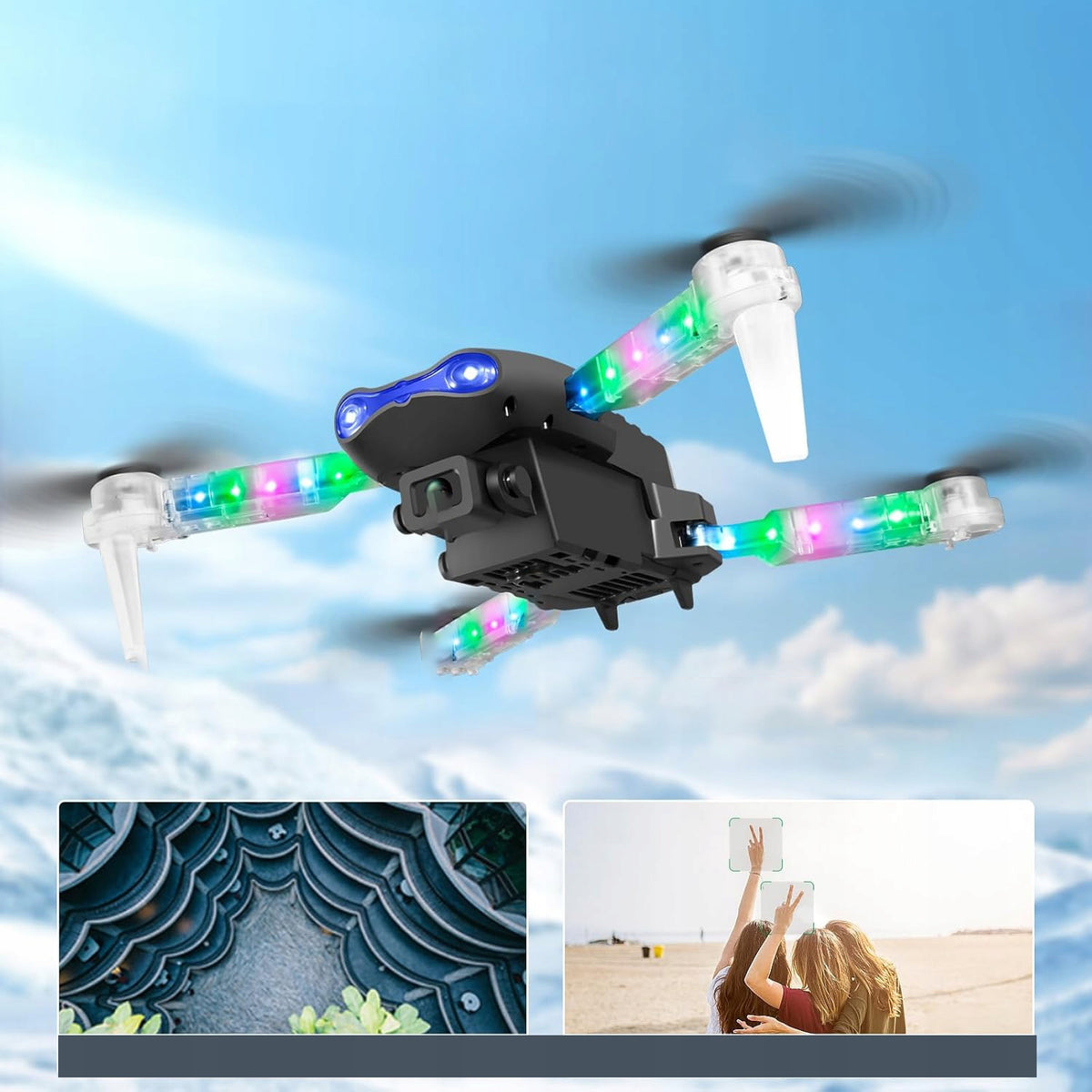 DRONE DUAL WIFI CAMERA FPV LED FOLDING ALTITUD HOVER 2 HD BATTERIES Manufacturer code PLEGBLE