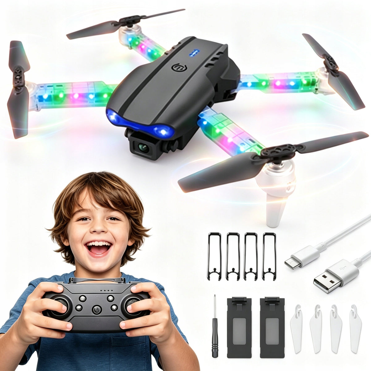 DRONE DUAL WIFI CAMERA FPV LED FOLDING ALTITUD HOVER 2 HD BATTERIES