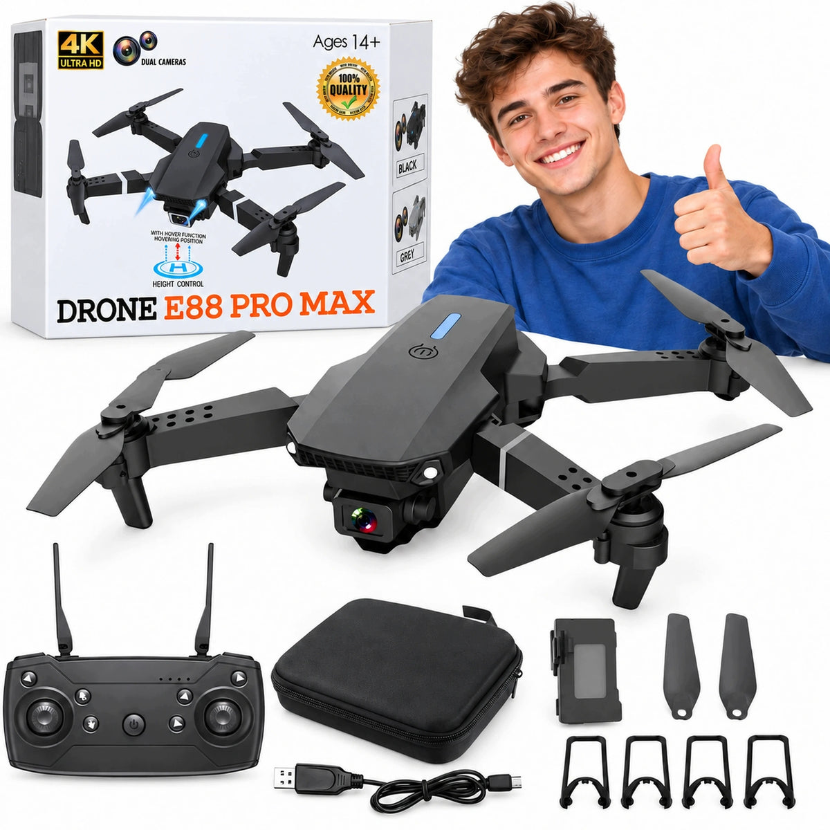 DRONE E88 PRO MAX HD CAMERA REMOTE CONTROLLED WI-FI RANGE UP TO 100M 3D VIEW