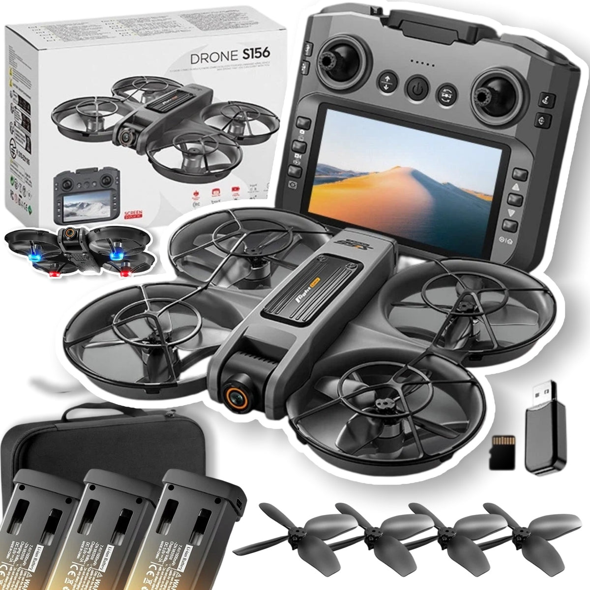 DRONE FOLDING S156 REMOTE CONTROL WITH DISPLAY 4,5" 3 BATTERIES HEADLESS 2