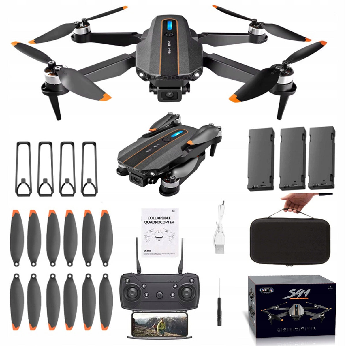 DRONE S91 TOY 2 CAMERAS WiFi BRUSHLESS MOTORS HOVER APP WITH 3AKU