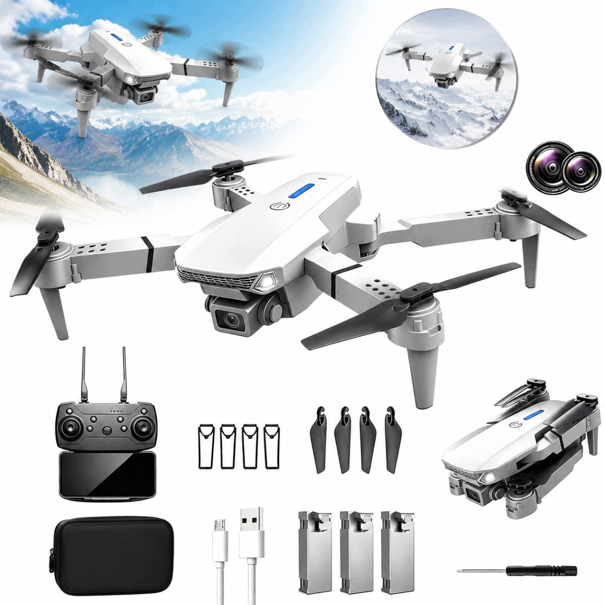DRONE WITH TWO CAMERAS 1080P 3 SPEED MODES WIFI FPV WITH 3BATTERIES+COVER