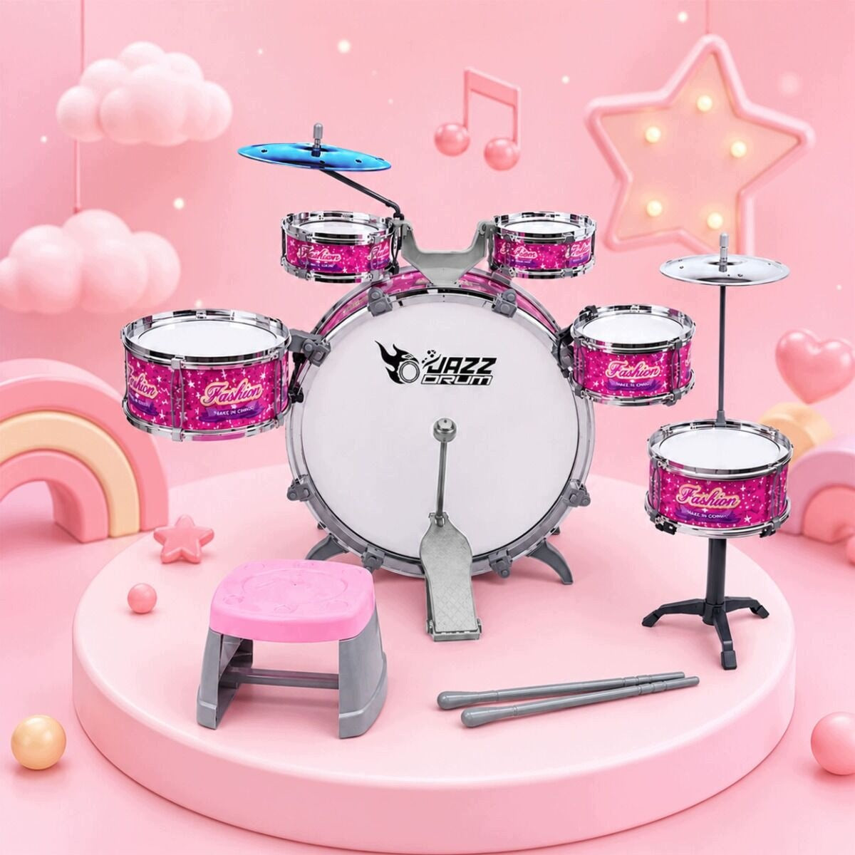 DRUMS FOR CHILDREN LARGE SET OF 6 DRUMS 2 PLATES STOOL INSTRUMENT ROSES Manufacturer code 5908249843301