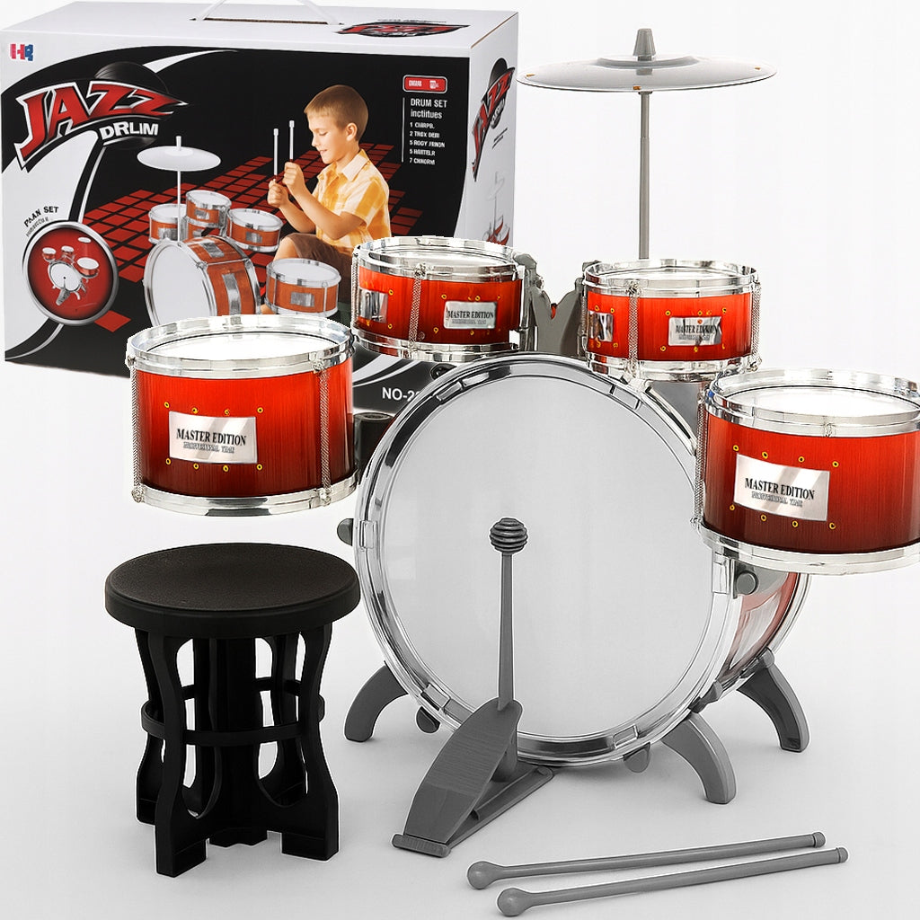 DRUMS FOR CHILDREN SET OF 5 DRUMS PLATES + STICKS + HIGH CHAIR TOY Packaging status original