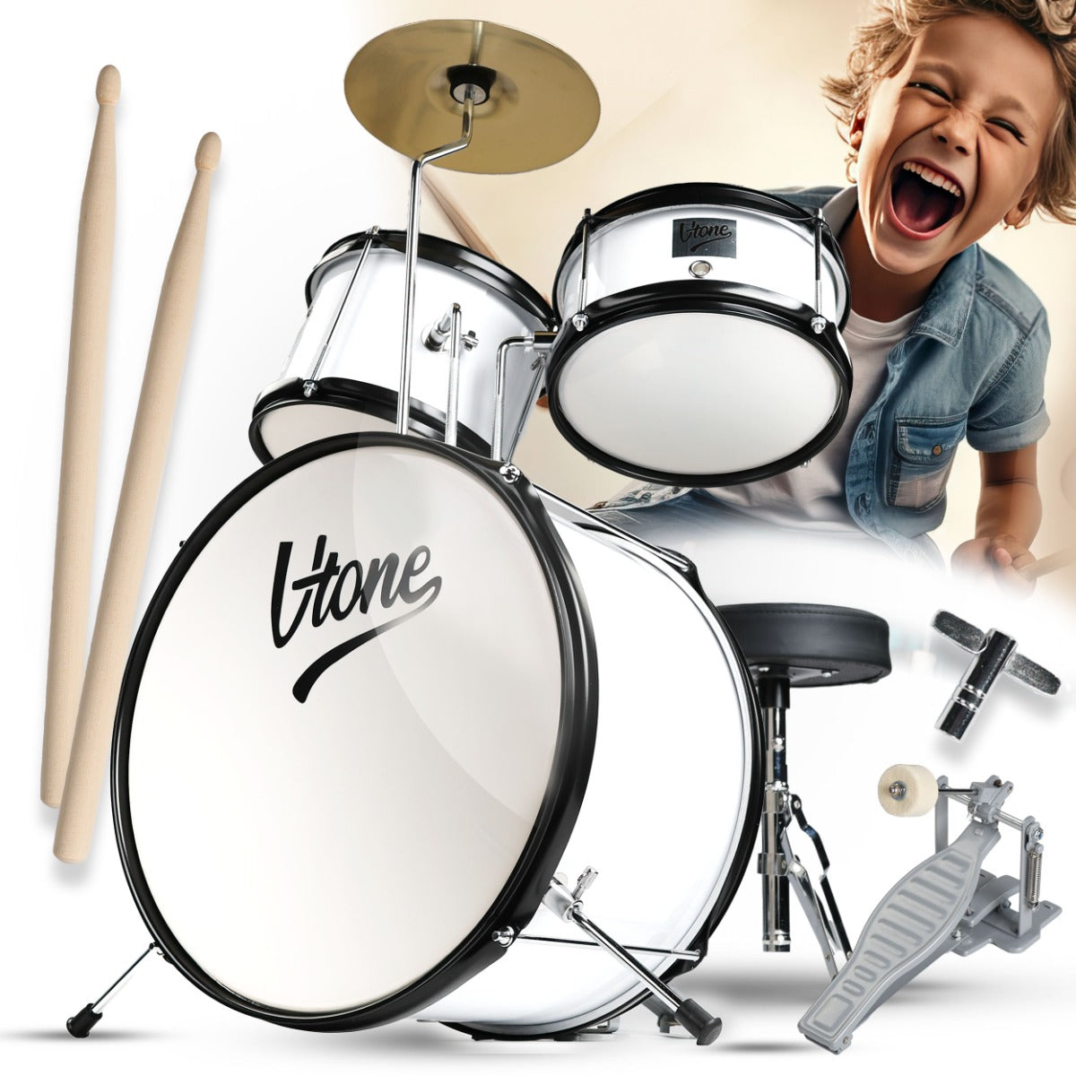 DRUMS FOR CHILDREN WHITE WOODEN SET METAL ACCESSORIES 2+ YEARS