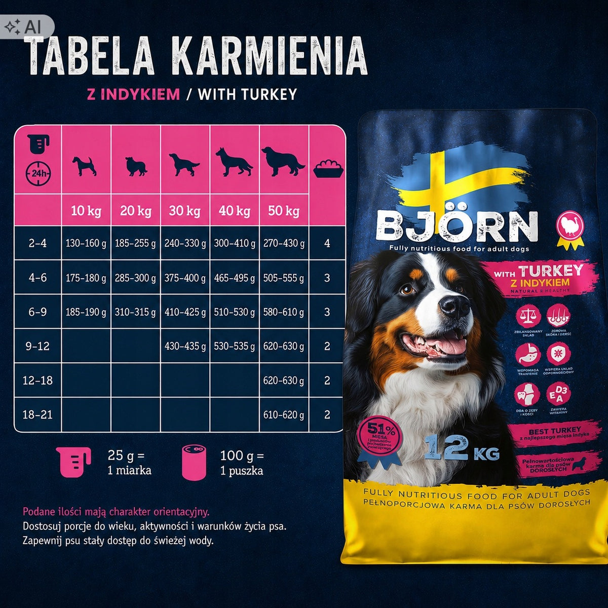 DRY DOG FOOD BJORN dog ADULT WITH TURKEY 51% MEAT WITHOUT CHICKEN 12 KG Manufacturer code SUCHA KARMA DLA PSA PEŁNOWARTOŚCIOWA ZDROWA