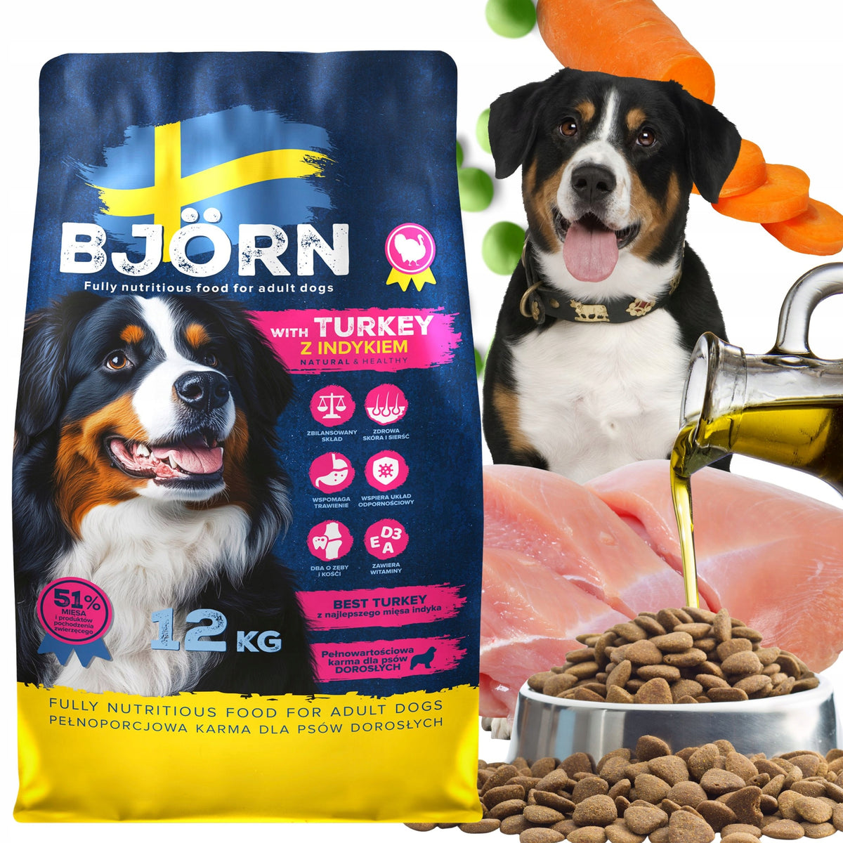 DRY DOG FOOD BJORN dog ADULT WITH TURKEY 51% MEAT WITHOUT CHICKEN 12 KG