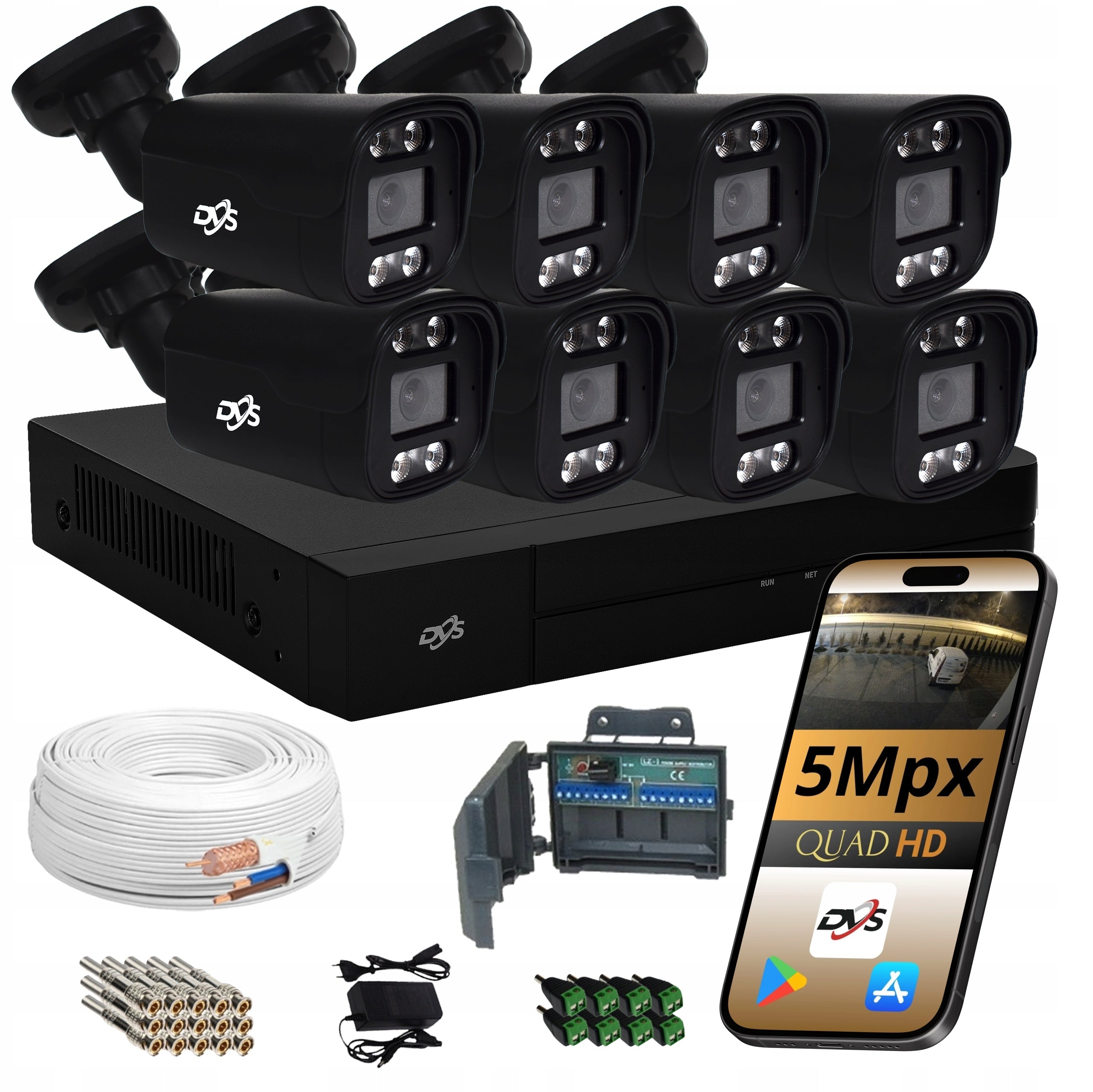 DVS monitoring kit, OUTDOOR SET OF 8 DVS CAMERAS, BLACK TUBE, 5MP DVS